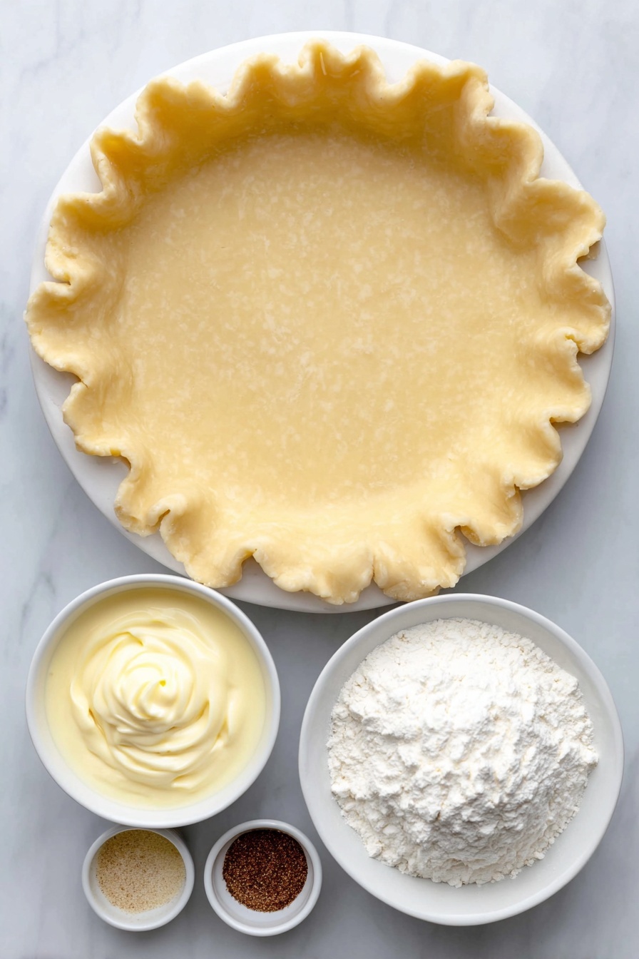 Flat lay of a whole uncut golden brown pie crust on a simple white ceramic plate, a small white ceramic bowl filled with creamy pale yellow eggnog, a small white ceramic bowl of smooth white whipped topping, a small white ceramic bowl with fine ground nutmeg, and a small white ceramic bowl holding fine vanilla pudding powder, all arranged symmetrically and balanced, placed on a clean white marble surface, soft natural light, photo taken with an iPhone, professional food photography style, fresh ingredients, white ceramic bowls, no bottles, no duplicates, no utensils, no packaging --ar 2:3 --v 7 --p m7354615311229779997 - Eggnog Pie, Eggnog Pie with Whipped Topping, Festive Holiday Desserts, Easy Christmas Pie, No-Bake Eggnog Dessert