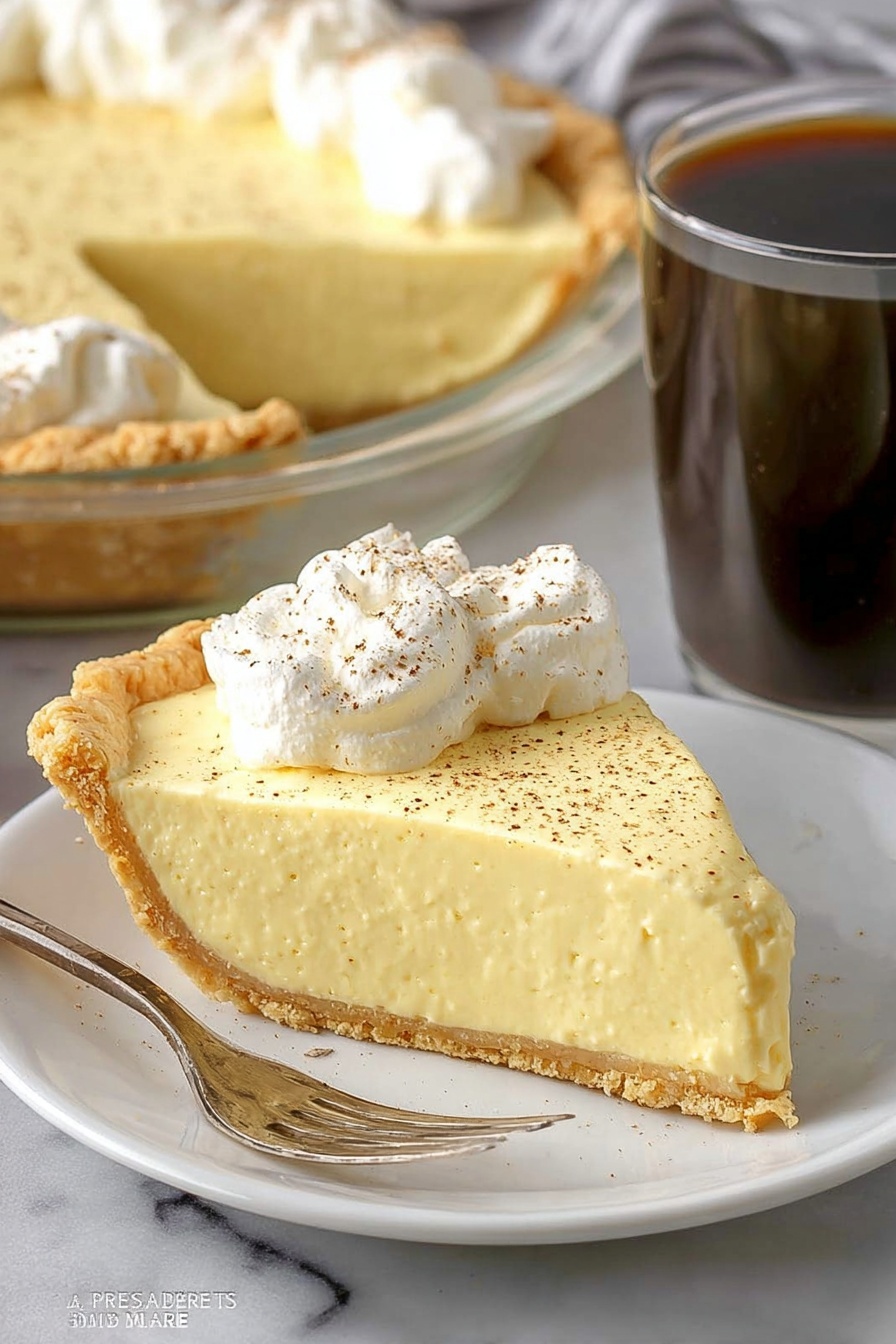 The image shows a slice of creamy yellow pie with a thick smooth filling resting on a white plate. The pie has a golden brown flaky crust around the edge. On top of the filling is a dollop of white whipped cream sprinkled lightly with brown spice. Beside the slice is a silver fork. In the background, the rest of the pie is visible in a clear glass pie dish, showing the same creamy filling and crust. To the right of the pie is a white mug filled with dark coffee. All items are placed on a white marbled surface. photo taken with an iphone --ar 2:3 --v 7 - Eggnog Pie, Eggnog Pie with Whipped Topping, Festive Holiday Desserts, Easy Christmas Pie, No-Bake Eggnog Dessert