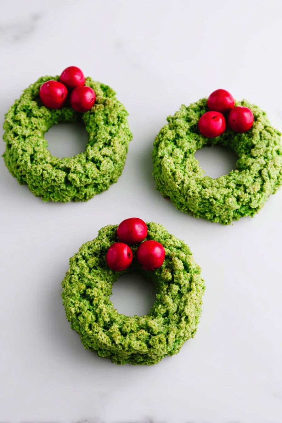 Three small green wreath-shaped treats lie on a white marbled surface. Each wreath is made of a textured, uneven green layer that looks crunchy and dense, shaped in a round ring with a hollow center. On each wreath, there are three glossy red round berries placed together on one side, adding a bright contrast to the green. The arrangement is simple and neat, with the wreaths evenly spaced in a row. photo taken with an iphone --ar 2:3 --v 7 - Cornflake Wreaths, holiday treat ideas, festive Christmas treats, quick holiday snacks, easy no-bake holiday desserts