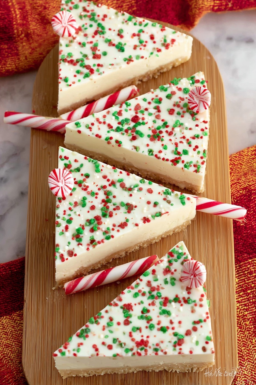 A triangular cookie covered with smooth white icing and decorated with red, green, black, and white round and rod sprinkles is placed in the center of a white plate on a white marbled surface. A round peppermint candy with red and white swirls is positioned at the top point of the triangle, and a red and white striped candy stick is inserted vertically at the bottom tip to resemble a tree trunk. The plate sits on a red, orange, and yellow woven placemat. Photo taken with an iphone --ar 2:3 --v 7 - Festive Christmas Sheet Cake with Cream Cheese Frosting, Christmas sheet cake recipe, holiday dessert ideas, easy Christmas cake, festive holiday treats