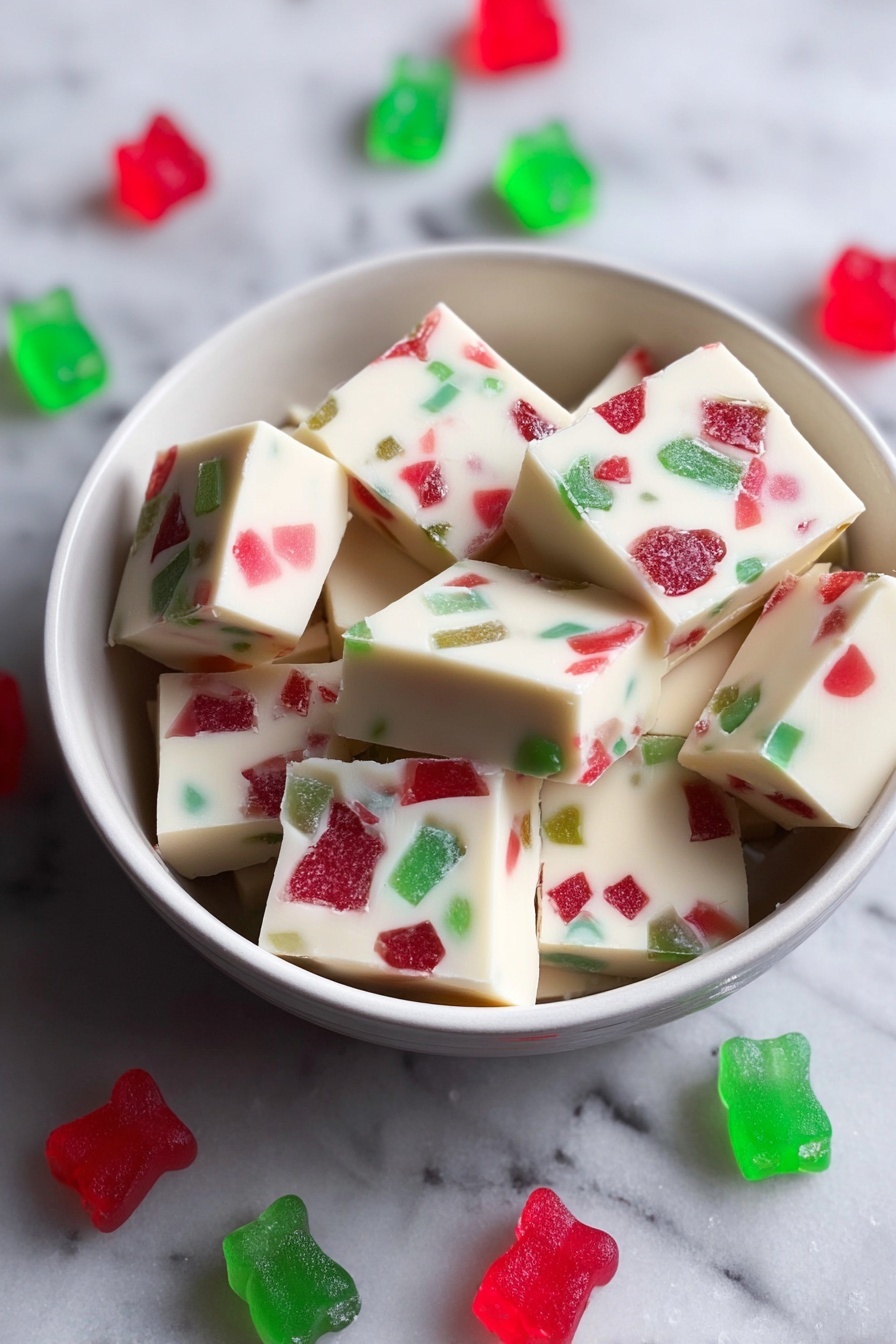 The image shows many small square-shaped fudge pieces scattered across a surface with a white marbled texture. Each fudge piece has a smooth, creamy white base with colorful red and green candy bits mixed inside, giving a speckled look. The candy bits are unevenly spread and embedded throughout each piece, adding bright spots of color to the soft white texture. The fudge squares are closely placed but not stacked, showing their thick, solid form clearly. photo taken with an iphone --ar 2:3 --v 7 - Christmas Gumdrop Nougat, festive holiday candy, no-bake Christmas treats, colorful chewy candy, holiday gift ideas
