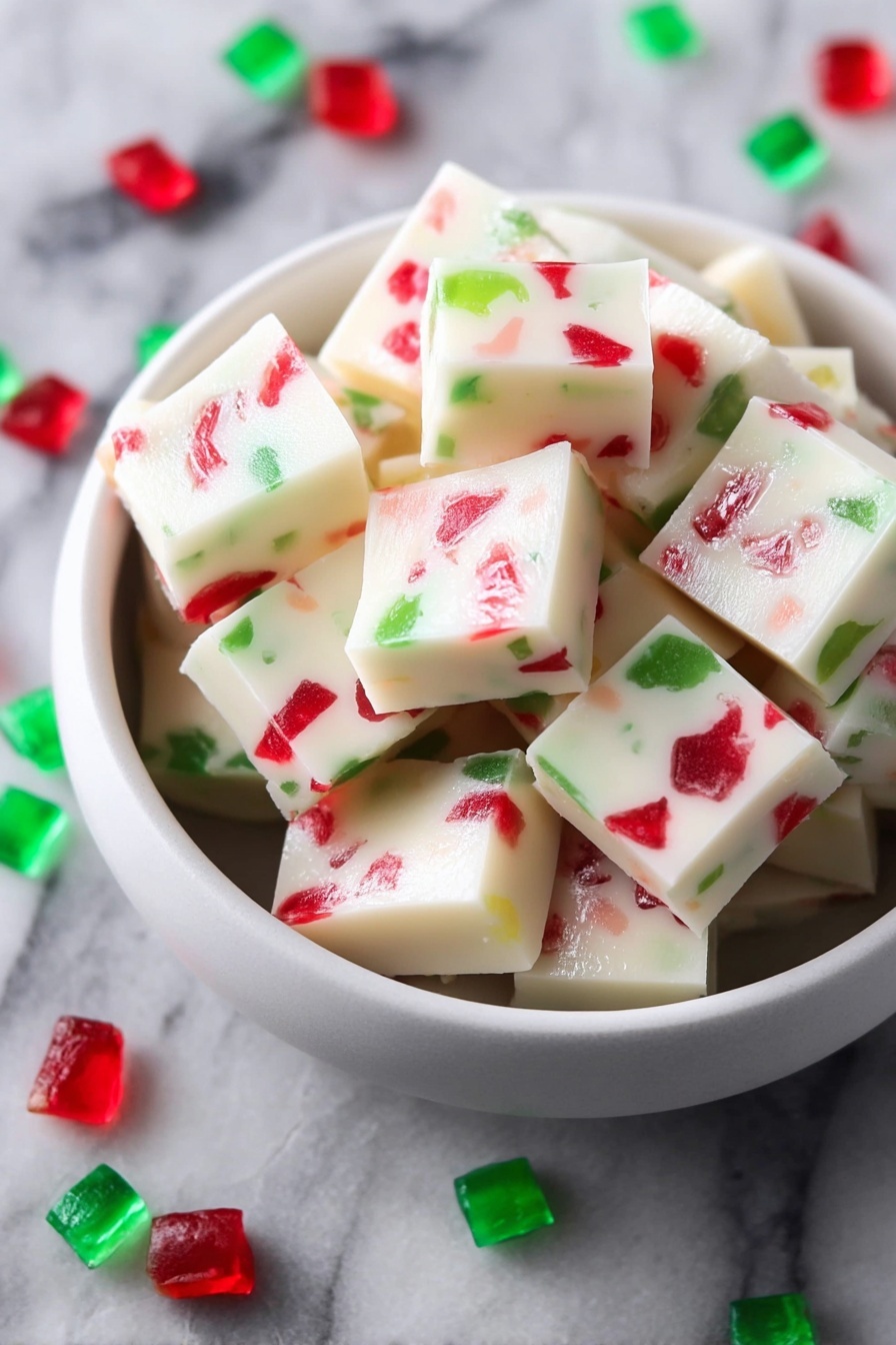 A white bowl is filled with small square blocks of white fudge that have red and green gummy pieces mixed inside them. The fudge squares are piled neatly in the bowl, showing smooth surfaces mixed with the colorful gummy bits. Around the bowl, red and green gummy candies are scattered on a white marbled texture. The contrast of the bright red and green gummies inside the creamy white fudge makes the dish look festive and inviting. photo taken with an iphone --ar 2:3 --v 7 - Christmas Gumdrop Nougat, festive holiday candy, no-bake Christmas treats, colorful chewy candy, holiday gift ideas