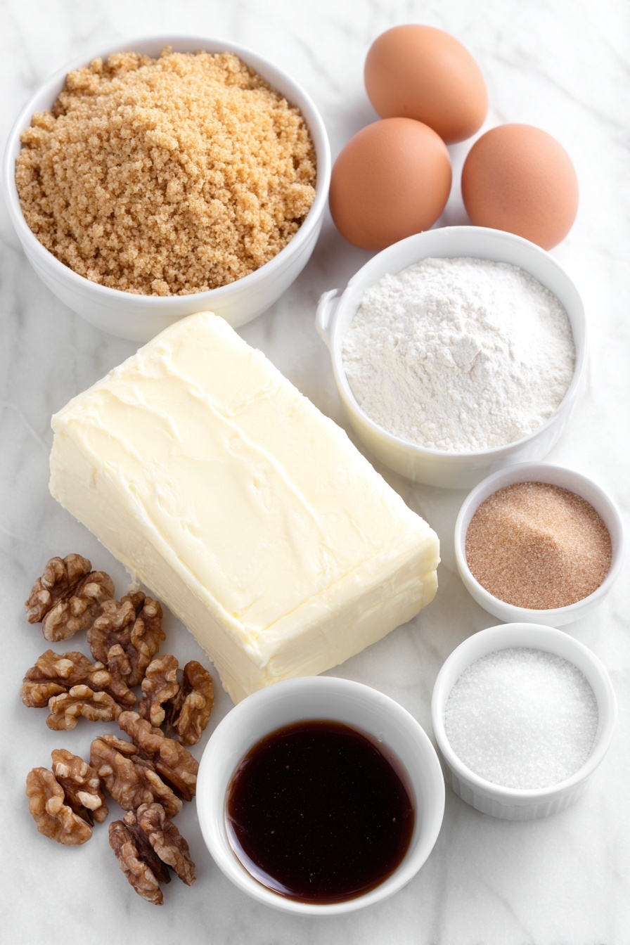 Flat lay of a small mound of golden graham cracker crumbs, a handful of whole walnuts, a few small pats of melted butter in a white ceramic bowl, a small white bowl filled with packed dark brown sugar, a large block of creamy white cream cheese, a small white bowl of light brown fluffy brown sugar, a tiny white bowl holding clear vanilla extract, a small white bowl with fine white flour, four clean whole brown eggs, a small white bowl with dark amber maple syrup, and a small white bowl filled with glossy maple caramel sauce, all arranged symmetrically on a clean white marble surface, soft natural light, photo taken with an iPhone, professional food photography style, fresh ingredients, white ceramic bowls, no bottles, no duplicates, no utensils, no packaging --ar 2:3 --v 7 --p m7354615311229779997 - Maple Cheesecake, Maple Cheesecake Recipe, Autumn Cheesecake, Creamy Maple Dessert, Easy Maple Cheesecake