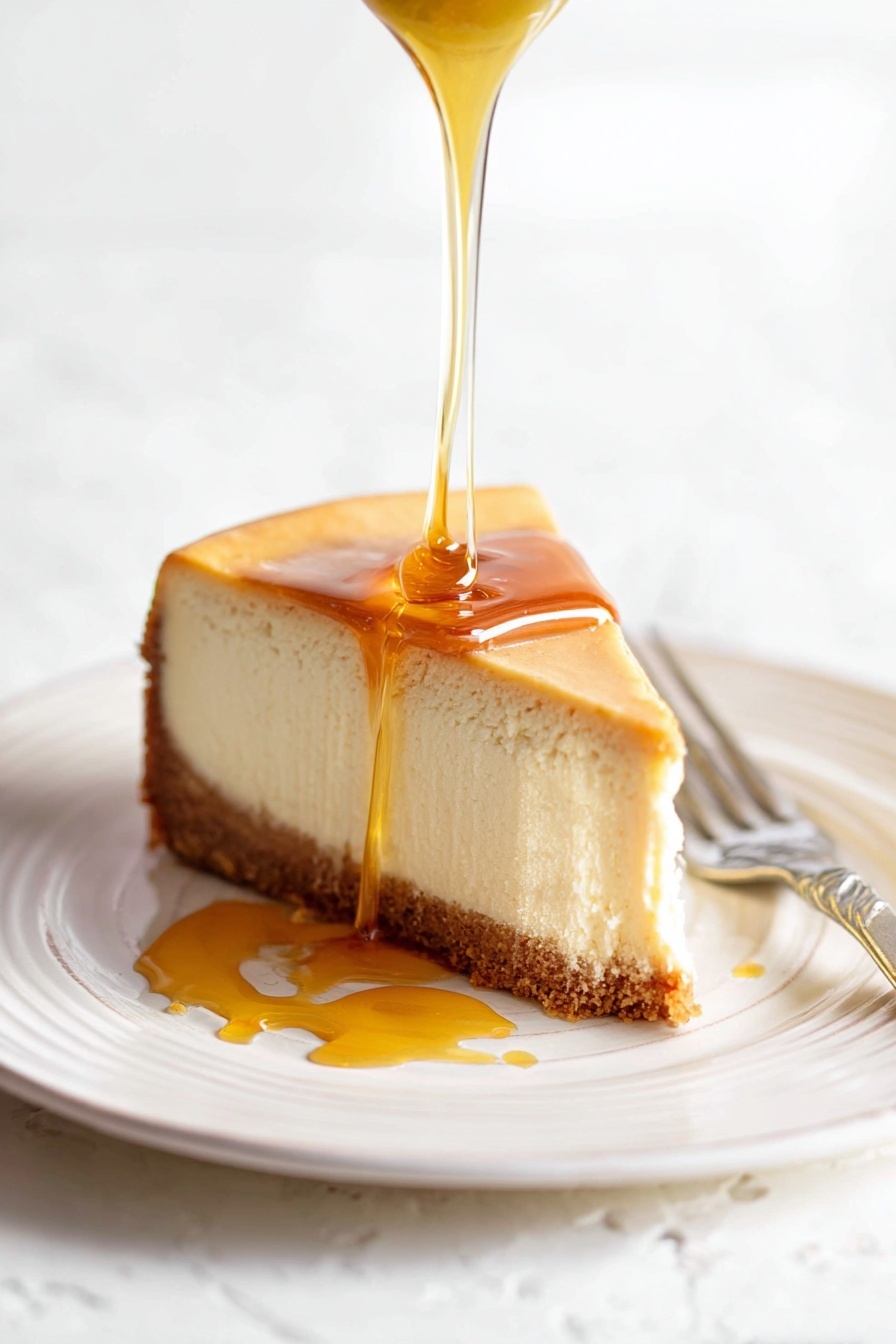 The image shows a single slice of cheesecake on a white plate with a slightly raised edge. The cheesecake has three layers: a thick, dense cream-colored filling in the middle, a thin light golden-brown top layer, and a darker brown crumbly crust at the bottom. A thick golden syrup is being poured from above, flowing smoothly over the top of the cheesecake and dripping down the side, pooling slightly on the plate. The surface beneath the plate is a white marbled texture, and in the background a blurred silver fork lies next to the plate. Photo taken with an iphone --ar 2:3 --v 7 - Maple Cheesecake, Maple Cheesecake Recipe, Autumn Cheesecake, Creamy Maple Dessert, Easy Maple Cheesecake
