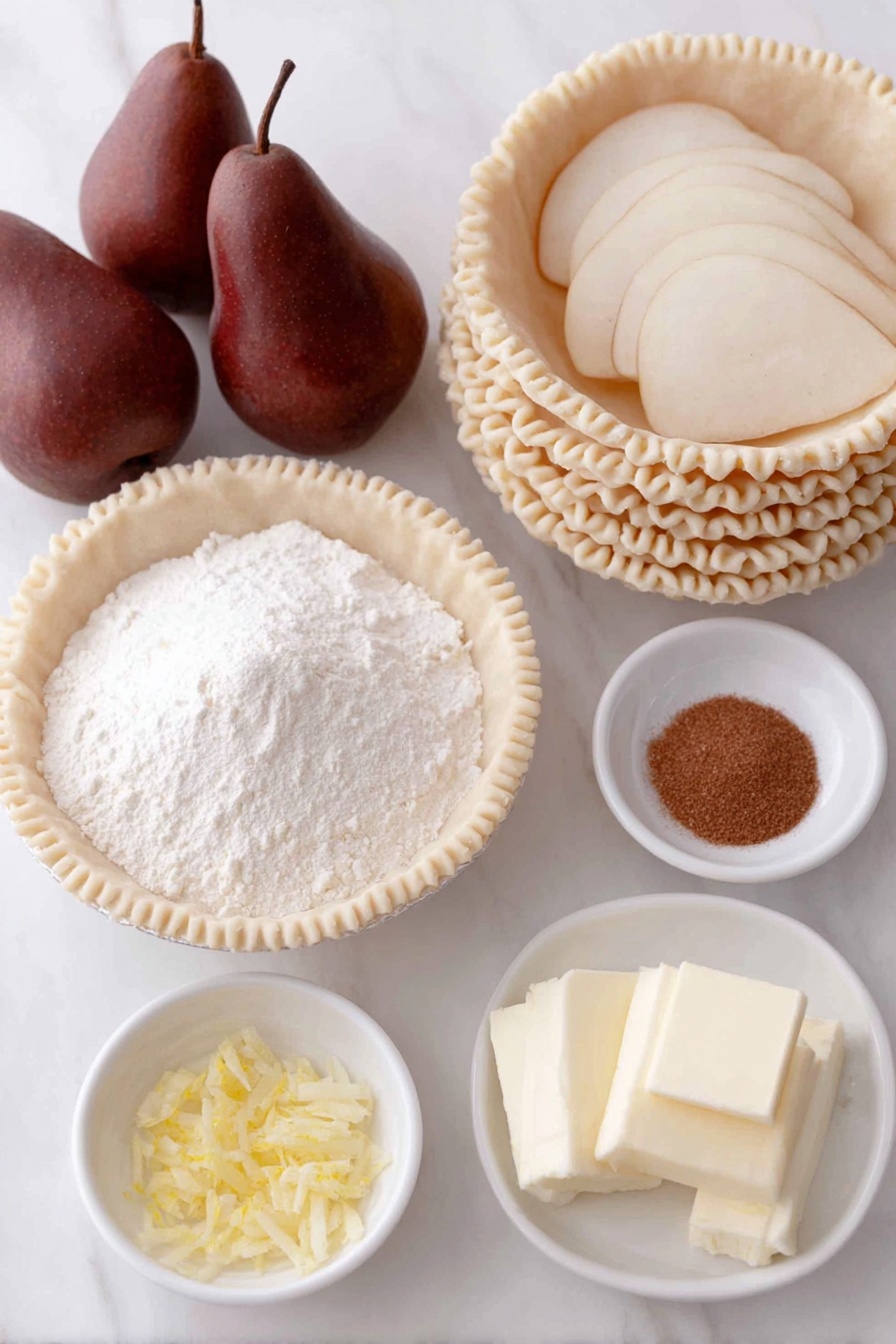Flat lay of fresh peeled and sliced Bosc pears arranged in a neat pile, a small mound of white granulated sugar, a small bowl of all-purpose flour, a few small piles of ground cinnamon and fine salt, a few strips of bright yellow lemon zest, a small diced pat of golden butter, a small white bowl with fresh lemon juice, and two perfectly whole, uncracked brown pie crusts stacked with visible folded edges, all placed on simple white ceramic bowls and plates arranged symmetrically, placed on a clean white marble surface, soft natural light, photo taken with an iPhone, professional food photography style, fresh ingredients, white ceramic bowls, no bottles, no duplicates, no utensils, no packaging --ar 2:3 --v 7 --p m7354615311229779997 - Pear Pie, Delicious Pear Pie, Fall Dessert Ideas, Easy Pear Pie Recipe, Cozy Fruit Pie