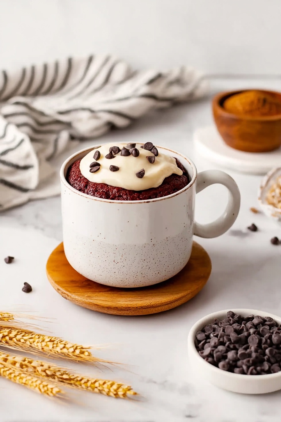 A white ceramic mug with a gray speckled bottom sits on a round wooden coaster placed on a white marbled surface. Inside the mug is a thick reddish-brown cake topped with a layer of creamy white frosting. Small dark chocolate chips are sprinkled on the frosting and around the edge of the mug. To the right of the mug, there is a small white dish filled with dark chocolate chips. In the background, there is a small wooden bowl with brown powder and a white cloth with black stripes. On the left side, there are some dried wheat stalks lying on the white marbled surface. photo taken with an iphone --ar 2:3 --v 7 - Red Velvet Mug Cake, mug cake recipes, quick red velvet dessert, mini red velvet cake, easy microwave cake