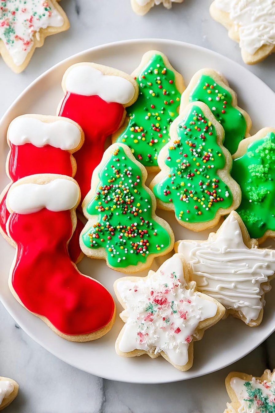 A white plate holds three types of Christmas sugar cookies arranged in neat groups. On the left, five stocking-shaped cookies have a smooth red icing base with a thick white icing layer on top representing the stocking cuff. In the center, six Christmas tree-shaped cookies are covered with bright green icing and decorated with colorful round and star-shaped sprinkles, giving a textured look. On the right, six star-shaped cookies are coated with white icing and sprinkled with white sugar strands and round confetti, adding subtle texture. The plate is placed on a white marbled surface with more tree-shaped cookies scattered lightly around. photo taken with an iphone --ar 2:3 --v 7 - Perfect Cut-Out Sugar Cookies, festive sugar cookies, easy holiday cookie recipe, decorating sugar cookies, soft sturdy sugar cookies