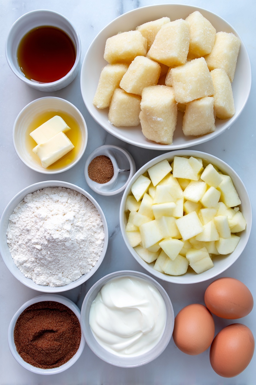 Flat lay of two cans of unrolled cinnamon roll dough pieces cut into triangles on a simple white ceramic plate, a few small chunks of fresh apple mixed with syrup in a white ceramic bowl, a small white ceramic bowl of melted golden butter, a small white ceramic bowl of light brown sugar, a small white ceramic bowl of ground cinnamon, a small white ceramic bowl containing heavy cream, and two whole brown eggs with clean shells placed symmetrically around the bowls, all arranged neatly on a clean white marble surface, soft natural light, photo taken with an iPhone, professional food photography style, fresh ingredients, white ceramic bowls, no bottles, no duplicates, no utensils, no packaging --ar 2:3 --v 7 --p m7354615311229779997 - Apple Pie Cinnamon Roll Bake, cinnamon roll breakfast bake, apple pie cinnamon roll, easy apple cinnamon breakfast, fall brunch recipes