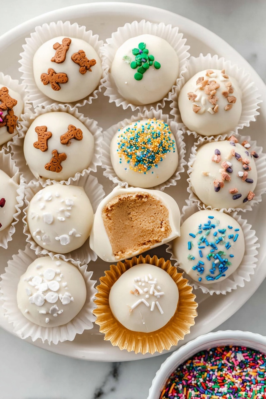 A white plate holds 11 round treats, each covered in smooth white coating. Some treats have colorful sprinkles on top including small gingerbread-shaped, star, and stick sprinkles in various colors like brown, white, green, yellow, blue, and pink. One treat is partly eaten, showing a light brown, smooth inside. Most treats sit in white paper cups, two have shiny gold paper cups. A small white bowl with mixed colorful sprinkles is partly visible at the bottom right corner. All are on a white marbled surface. photo taken with an iphone --ar 2:3 --v 7 - Gingerbread Truffles with White Chocolate, gingerbread truffles, holiday chocolate treats, festive dessert recipes, easy holiday chocolate bites