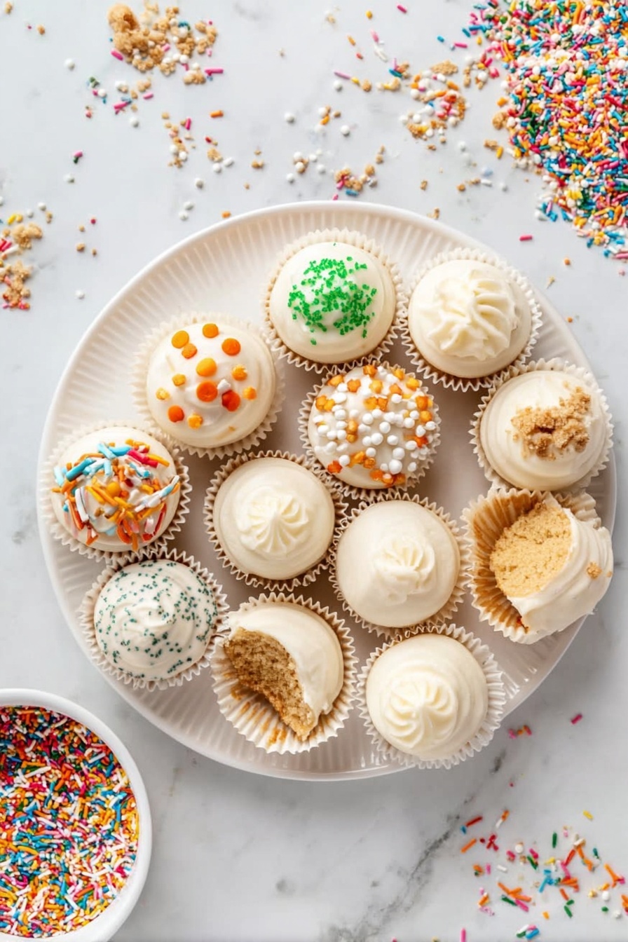A white round plate on a white marbled surface holds fifteen small round treats mostly covered with smooth white icing. Some treats are topped with colorful sprinkles including orange shapes, green rods, white circles, and rainbow bits, while a few are plain white icing swirls. One treat is partially bitten, showing a light brown crumb inside. All treats sit in white or gold paper liners. Around the plate, a white bowl filled with similar colorful sprinkles is visible, and loose sprinkles scatter on the marbled surface. photo taken with an iphone --ar 2:3 --v 7 - Gingerbread Truffles with White Chocolate, gingerbread truffles, holiday chocolate treats, festive dessert recipes, easy holiday chocolate bites