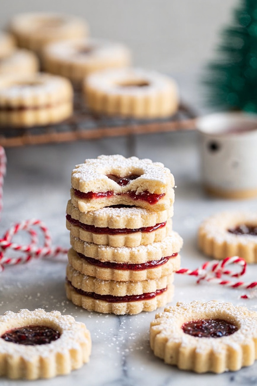A stack of four round, light golden cookies with scalloped edges sits on a white marbled surface, each cookie having a layer of red jam in the middle, visible in the cookie on top that has a bite taken out of it. The top cookie has a small heart-shaped window revealing the jam inside, with powdered sugar dusted over all. Around the stack are several more identical cookies scattered flat, some showing the red jam through the heart cutout in the middle. In the background, more cookies rest on a brown cooling rack on the white marbled surface, and a small white cup with a black inside detail is slightly out of focus. A red and white twisted string is looped loosely on the surface near the cookies. A small blurred green Christmas tree decoration is visible in the background. The overall setting has bright, soft lighting. photo taken with an iphone --ar 2:3 --v 7 - Raspberry Linzer Cookies, raspberry jam cookies, buttery Linzer cookies, homemade raspberry cookies, elegant holiday cookies