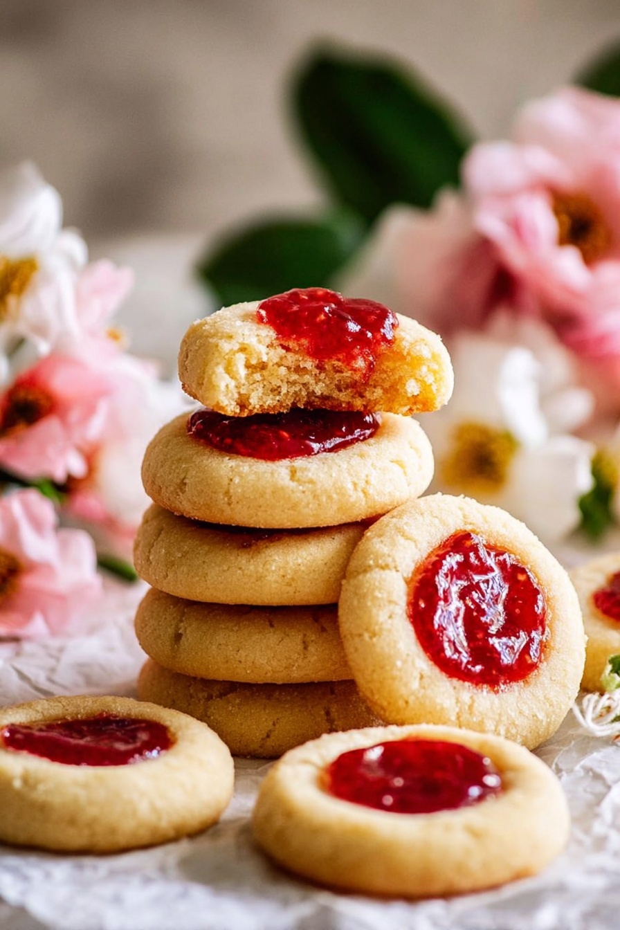 The image shows round thumbprint cookies placed on a white marbled surface. Each cookie has one layer of pale yellow dough with a smooth texture, and a hollow center filled with bright red jam that looks glossy and slightly thick. A silver spoon held by a woman's hand is gently dropping the jam into the center of one cookie, adding a shiny finish to the filling. The cookies are arranged irregularly but spaced apart on the surface. photo taken with an iphone --ar 2:3 --v 7 - Jam Drop Cookies with Fruity Filling, thumbprint cookies, jam-filled shortbread cookies, easy jam cookies, fruity filling cookie recipe
