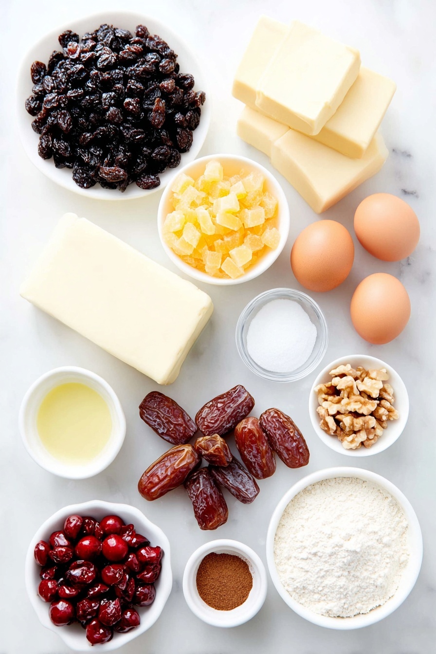 Flat lay of a small heap of plump dark raisins, a neat pile of diced bright orange dried apricots, a mound of finely chopped mixed citrus peel in shades of yellow and orange, scattered glossy red glace cherries chopped into pieces, a cluster of diced rich brown dates, a small white ceramic bowl filled with golden apple juice, a block of creamy unsalted butter, a small pile of dark brown packed sugar, a small white bowl of clear vegetable oil, a small white bowl holding dark molasses, a pinch of allspice, cinnamon, nutmeg, and salt arranged as tiny piles of fine powders, three whole uncracked brown eggs, a small mound of plain flour, a handful of chopped walnuts, a piece of smooth pale beige marzipan, another piece of pristine white fondant, and a few fresh cherries dusted lightly with white icing sugar, all placed on a clean white marble surface, soft natural light, photo taken with an iPhone, professional food photography style, fresh ingredients, white ceramic bowls, no bottles, no duplicates, no utensils, no packaging --ar 2:3 --v 7 --p m7354615311229779997 - Easy Moist Christmas Fruit Cake, Christmas fruit cake recipe, moist holiday cake, simple Christmas cake, rich fruit cake