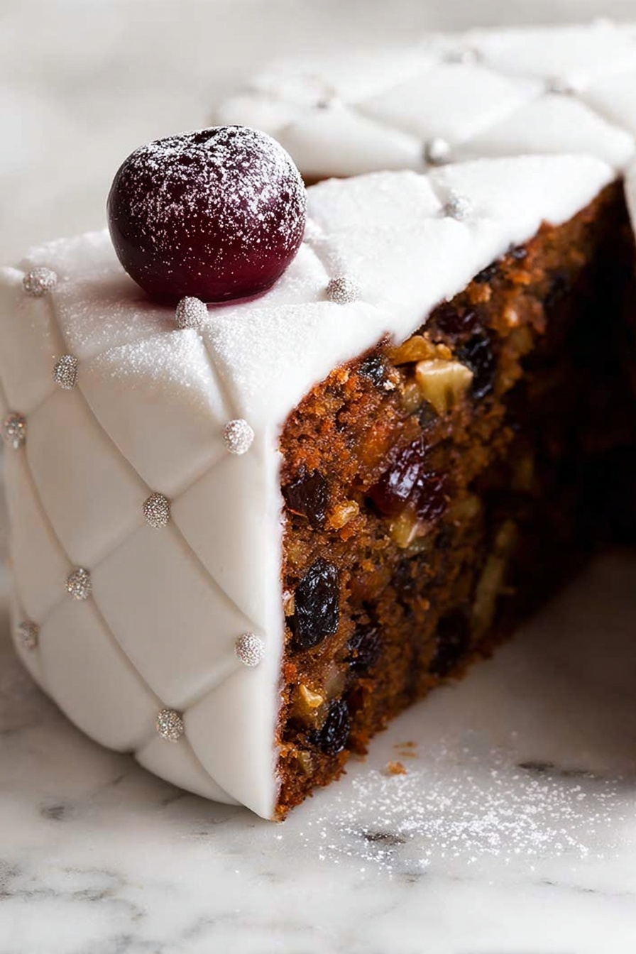 The image shows a slice of dark brown fruitcake filled with bits of nuts and dried fruits inside. The cake is covered with a smooth white icing that has a quilted pattern with small pearl-like dots at the intersections. On top of the cake slice, there is a single dark red cherry dusted lightly with powdered sugar. The background surface is a white marbled texture that provides a clean and elegant look. photo taken with an iphone --ar 2:3 --v 7 - Easy Moist Christmas Fruit Cake, Christmas fruit cake recipe, moist holiday cake, simple Christmas cake, rich fruit cake