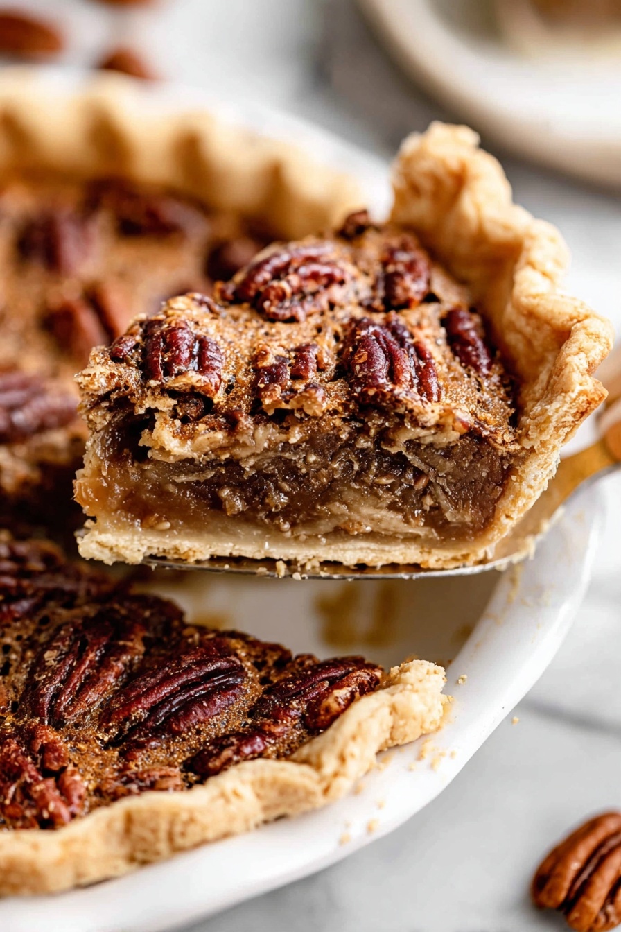 A close-up of one slice being lifted from a pecan pie on a white pie plate, showing three layers: a thick, light golden brown flaky crust on the edges and bottom, a gooey medium brown filling in the middle, and a top layer of whole pecans arranged in a dense pattern with a glossy, darker brown color and a slightly rough texture. The white marbled surface is visible beneath the pie plate with a few scattered pecans in the background. photo taken with an iphone --ar 2:3 --v 7 - Pecan Pie, Easy Homemade Pecan Pie, Southern Dessert, Classic Pecan Pie, Fall dessert recipes
