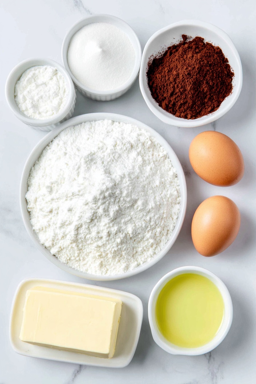 Flat lay of plain cake flour in a small white ceramic bowl, unsweetened cocoa powder in a small white ceramic bowl, a small pile of baking soda powder next to a pinch of salt crystals on the white marble surface, a stick of unsalted butter partially unwrapped showing smooth texture, superfine white sugar in a small white ceramic bowl, two whole brown eggs with clean shells, vegetable oil in a small white ceramic bowl, white vinegar in a small white ceramic bowl, a small white ceramic bowl with vanilla extract, buttermilk in a small white ceramic bowl showing creamy texture, a small white ceramic bowl with red gel food coloring, a block of Philadelphia cream cheese unwrapped to show softened texture, a stick of unsalted butter unwrapped showing smooth consistency, and a small white ceramic bowl of sifted soft powdered sugar placed on a clean white marble surface, soft natural light, photo taken with an iPhone, professional food photography style, fresh ingredients, white ceramic bowls, no bottles, no duplicates, no utensils, no packaging --ar 2:3 --v 7 --p m7354615311229779997 - Red Velvet Cake, Red Velvet Cake Recipe, moist Red Velvet Cake, best Red Velvet Cake, easy Red Velvet Cake