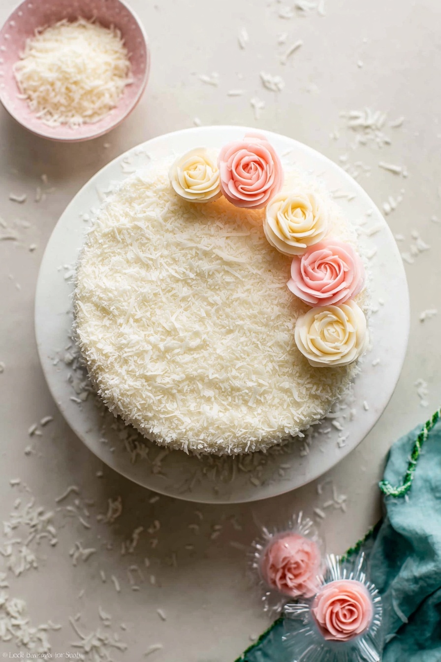 The image shows a round cake on a white marbled cake stand. The cake has one main layer covered fully with white shredded coconut giving it a soft, fluffy texture. On the top left side of the cake, there are five delicate rose-shaped decorations, three in light cream color and two in soft pink, arranged in a small bunch. The cake sits on a white marbled surface scattered lightly with shreds of coconut. Near the top left, there's a small pink bowl filled with more shredded coconut, and at the bottom right of the image, two pink rose-shaped decorations lie on the surface wrapped in clear paper. A teal cloth with green stitching is seen in the top right corner. photo taken with an iphone --ar 2:3 --v 7 - Easy Coconut Cake, moist coconut cake, tropical cake recipe, fluffy coconut dessert, homemade coconut cake