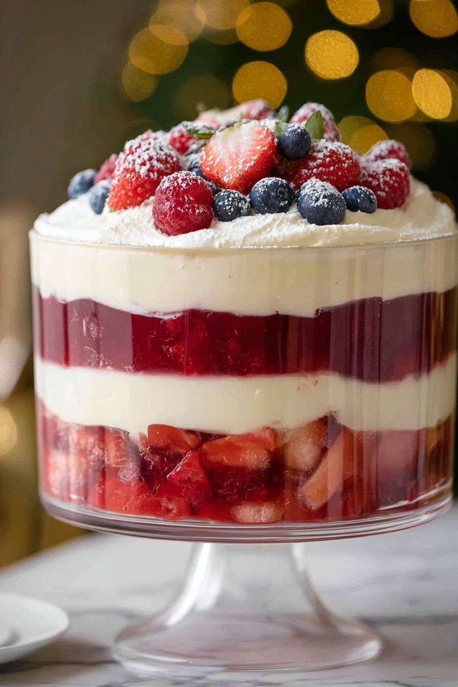 The image shows a tall glass trifle dish with four clear layers. The bottom layer is red fruit pieces, bright and juicy, filling the base. Above this is a thick, smooth layer of creamy white pudding with a soft texture. The third layer is a deep red jelly with visible pieces of strawberries inside. The top layer is a fluffy white cream generously spread, decorated with fresh red raspberries, blueberries, and sliced strawberries dusted lightly with powdered sugar. The dish sits on a white marbled surface with soft, blurred golden-green background lights. photo taken with an iphone --ar 2:3 --v 7 - Festive Cranberry Fruit Trifle, cranberry trifle dessert, holiday layered fruit trifle, easy cranberry trifle recipe, Christmas fruit trifle