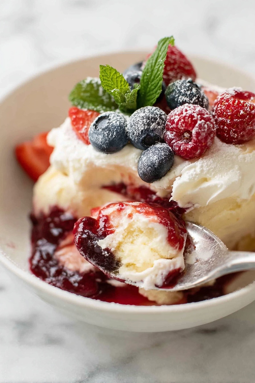 The image shows a white bowl filled with a layered dessert. The bottom layer is creamy and pale yellow, topped with a layer of red berry jam or sauce. Above that is a thick, fluffy white cream layer. On top, there are fresh blueberries, raspberries, and sliced strawberries, with a light dusting of powdered sugar. A few green mint leaves add color contrast on the top. A spoon is scooping some of the dessert, showing the layers inside. The bowl sits on a white marbled surface. Photo taken with an iphone --ar 2:3 --v 7 - Festive Cranberry Fruit Trifle, cranberry trifle dessert, holiday layered fruit trifle, easy cranberry trifle recipe, Christmas fruit trifle