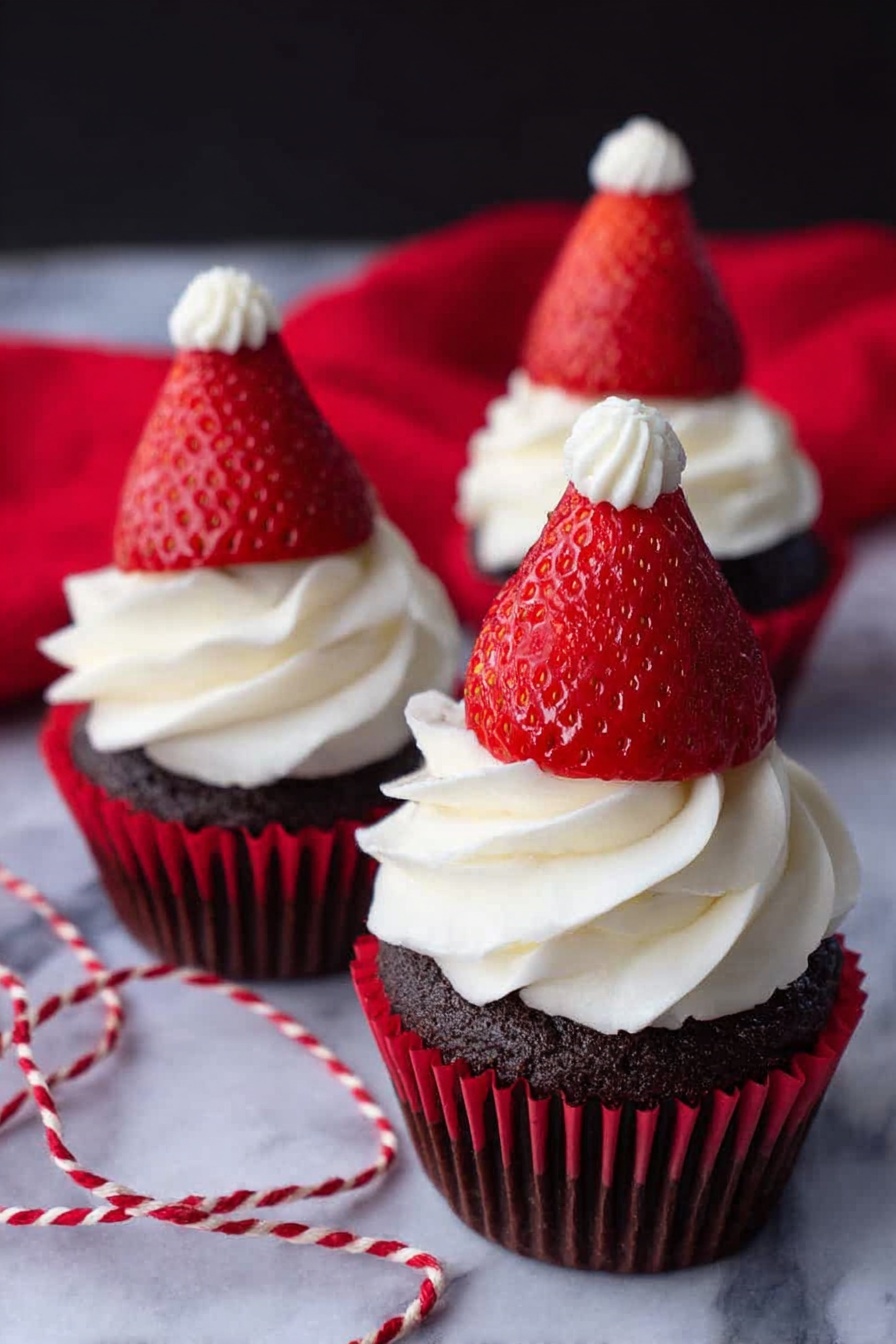 Three cupcakes sit on a white marbled surface with a red cloth in the background. Each cupcake has a dark chocolate base covered by a thick swirl of white cream frosting. On top of the frosting, there is a whole red strawberry with its pointed end up, each topped with a small dollop of white cream. The cupcakes are wrapped in dark red liners, and a piece of red and white string lies casually around them. photo taken with an iphone --ar 2:3 --v 7 - Strawberry Santa Hat Cupcakes, Christmas cupcakes, holiday dessert recipes, festive cupcake ideas, easy holiday baking