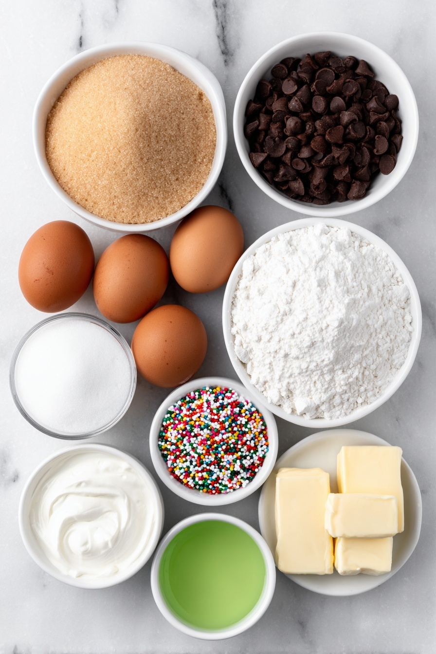 Flat lay of a small mound of light brown soft sugar, a small pile of self-raising flour, a small heap of dark brown cocoa powder, four whole uncracked medium brown eggs, two sticks of unsalted butter, a small white ceramic bowl of clear vanilla extract, a small white ceramic bowl of pure white icing sugar, a small white ceramic bowl of vibrant green liquid food coloring, and a scattering of assorted small chocolate stars and colorful sprinkles arranged neatly, all placed on a clean white marble surface, soft natural light, photo taken with an iPhone, professional food photography style, fresh ingredients, white ceramic bowls, no bottles, no duplicates, no utensils, no packaging --ar 2:3 --v 7 --p m7354615311229779997 - Christmas Tree Cupcakes with Chocolate & Vanilla Frosting, festive Christmas cupcakes, holiday dessert recipes, easy Christmas cupcake ideas, decorated Christmas cupcakes