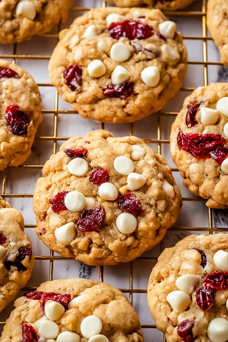 The image shows a close-up of thick, soft cookies cooling on a gold wire rack over a white marbled surface. Each cookie is a light golden brown with a bumpy, crumbly texture and is filled and topped with bright red dried cranberries and creamy white chocolate chips scattered unevenly across the surface. The cookies are round but irregular in shape, and the white chocolate chips and cranberries create a vibrant contrast against the warm cookie dough. The photo captures the details of the cookies up close, highlighting their soft, chunky texture photo taken with an iphone --ar 2:3 --v 7 - Oatmeal Cranberry White Chocolate Cookies, Cranberry White Chocolate Cookies, Easy Oatmeal Cookies, Chewy Cranberry Cookies, White Chocolate Cookie Recipe