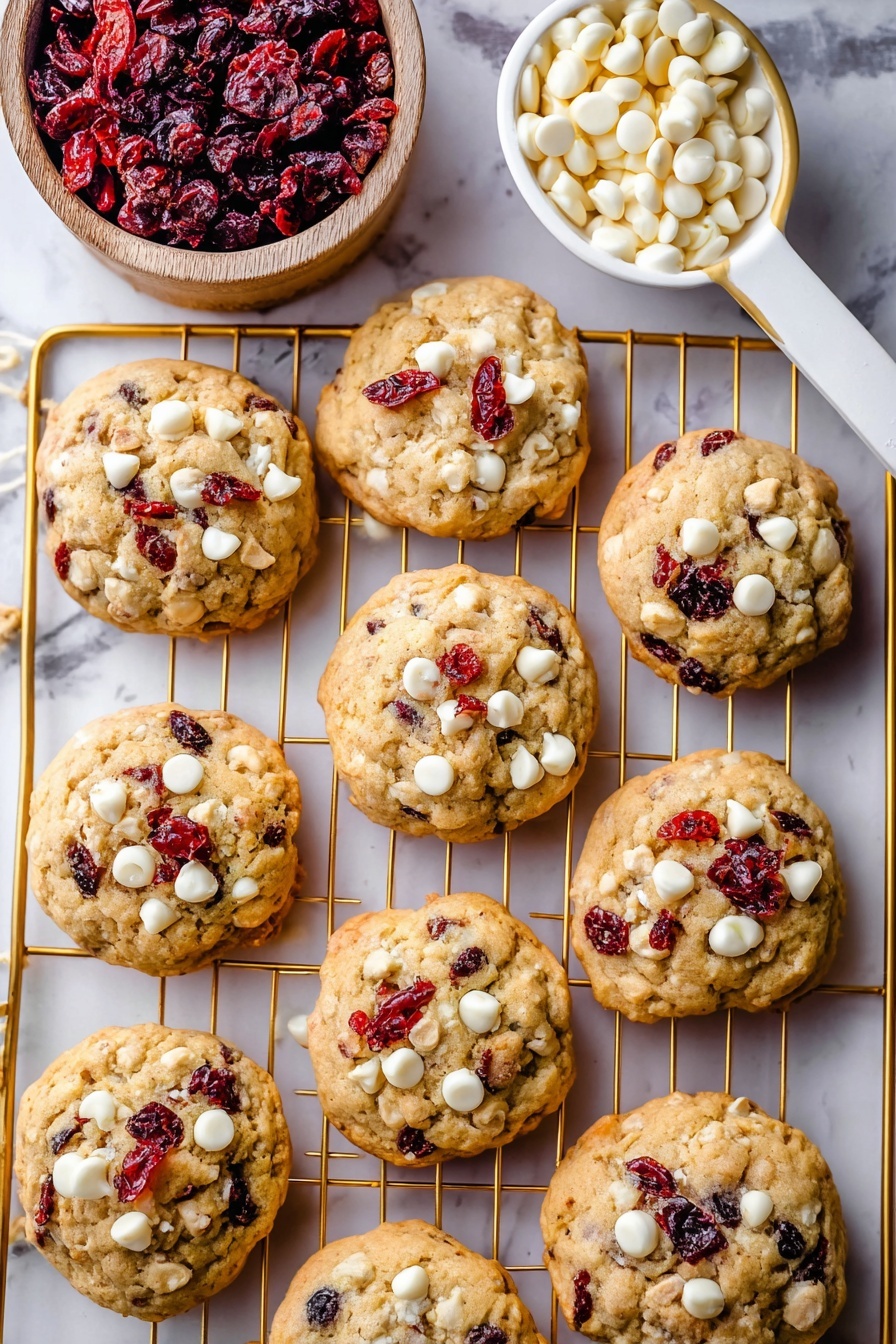Nine round cookies with a light golden color are placed on a gold-colored wire rack over a white marbled surface. Each cookie has visible layers of white chocolate chips and small dark red dried cranberry pieces scattered on top and throughout. In the top left corner, there is a small white wooden bowl filled with more dried cranberries. On the top right, a white measuring scoop with a gold handle holds white chocolate chips. The cookies have a slightly rough texture, showing their dense and chunky composition. Photo taken with an iphone --ar 2:3 --v 7 - Oatmeal Cranberry White Chocolate Cookies, Cranberry White Chocolate Cookies, Easy Oatmeal Cookies, Chewy Cranberry Cookies, White Chocolate Cookie Recipe