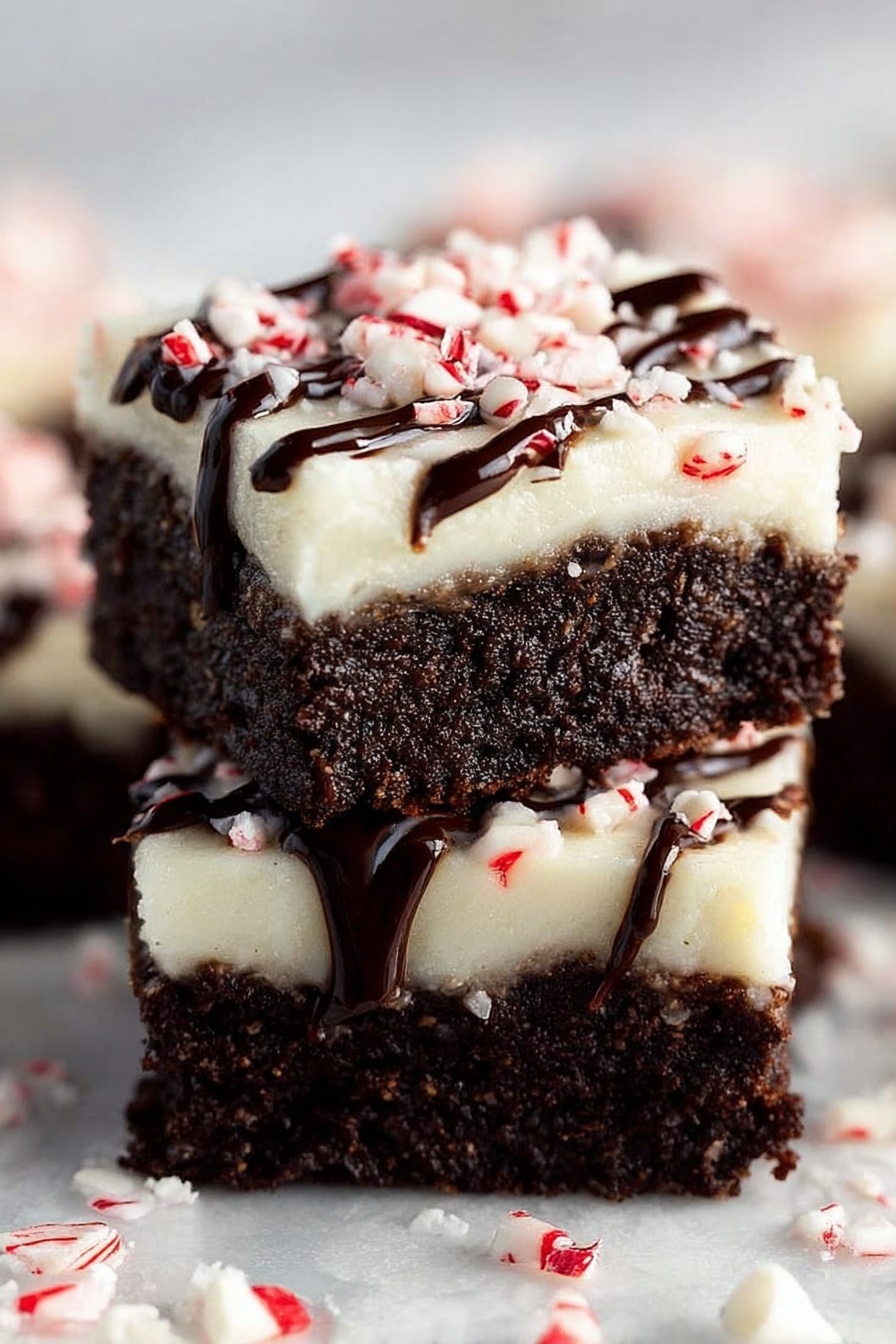 The dish shows two brownie squares stacked on top of each other. Each brownie has two layers: a dark brown, moist chocolate base with a rich texture, topped with a thick white creamy layer that looks smooth. On the top layer, there are small pieces of crushed red and white peppermint candy scattered, and a drizzle of dark brown chocolate sauce adds contrast. The brownies are placed on a white marbled surface with more crushed peppermint pieces around them. Photo taken with an iphone --ar 2:3 --v 7 - Peppermint Brownies with Cream Cheese Top, peppermint brownies, festive chocolate brownies, chocolate peppermint dessert, holiday brownie recipes