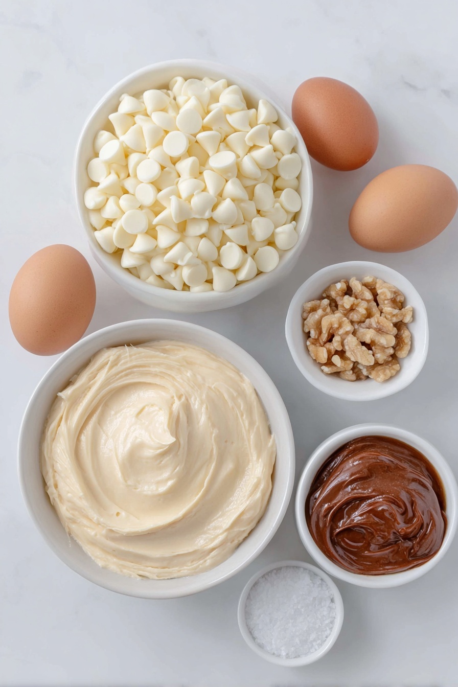 Flat lay of a simple white ceramic bowl filled with glossy white chocolate chips, a small white bowl containing thick sweetened condensed milk, a few whole uncracked brown eggs, a few coarsely chopped walnuts arranged beside a small white bowl with clear maple extract, and a tiny pinch of coarse salt crystals in another small white bowl, all placed with perfect symmetry on a clean white marble surface, soft natural light, photo taken with an iPhone, professional food photography style, fresh ingredients, white ceramic bowls, no bottles, no duplicates, no utensils, no packaging --ar 2:3 --v 7 --p m7354615311229779997 - Maple Walnut White Chocolate Fudge, white chocolate walnut fudge, easy fudge recipes, homemade holiday fudge, creamy nutty fudge