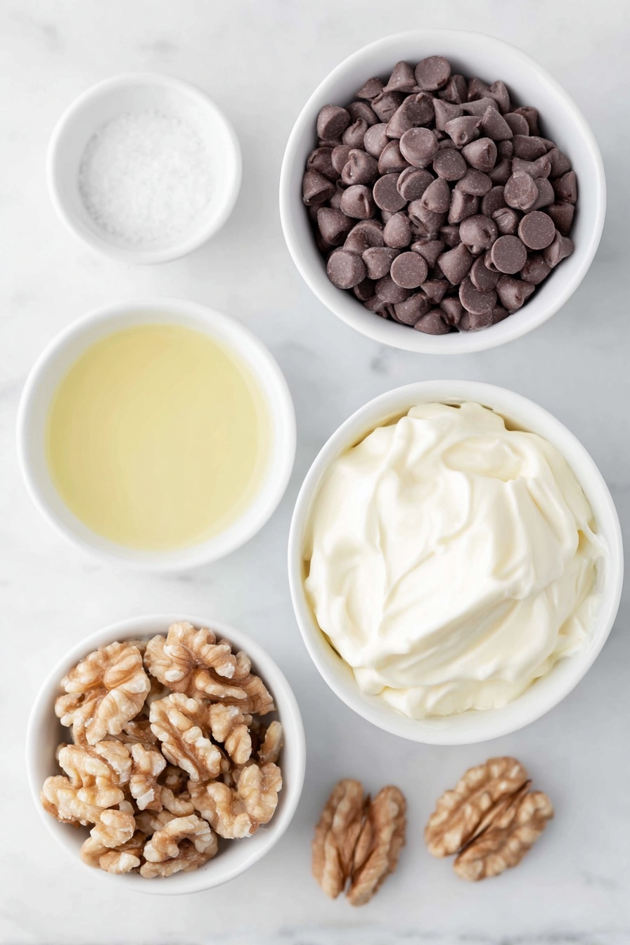 Flat lay of a small mound of glossy semi-sweet chocolate chips, a small white ceramic bowl filled with thick creamy sweetened condensed milk, a small white ceramic bowl with clear golden vanilla extract liquid, a small white ceramic bowl containing fine white sea salt, a small white ceramic bowl heaped with roughly chopped fresh walnuts, and a few whole walnuts scattered nearby, all arranged in perfect symmetry on a clean white marble surface, soft natural light, photo taken with an iPhone, professional food photography style, fresh ingredients, white ceramic bowls, no bottles, no duplicates, no utensils, no packaging --ar 2:3 --v 7 --p m7354615311229779997 - Chocolate Walnut Fudge, easy chocolate fudge recipe, nutty chocolate dessert, homemade fudge with walnuts, quick holiday fudge