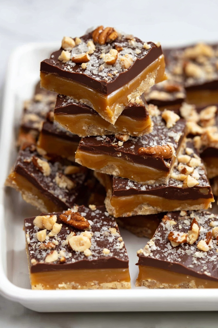 The image shows a white tray filled with layered candy pieces. Each piece has three layers: a shiny golden caramel layer in the middle, a smooth dark brown chocolate layer on top, and a crunchy topping of crushed nuts scattered over the chocolate. One piece is turned to show its thick caramel layer, while some other pieces are stacked, showing a mix of textures and colors. The tray is placed on a white marbled surface. photo taken with an iphone --ar 2:3 --v 7 - Easy Homemade Toffee with Chocolate and Pecans, toffee with chocolate and pecans, homemade toffee, chocolate pecan toffee, quick toffee recipe