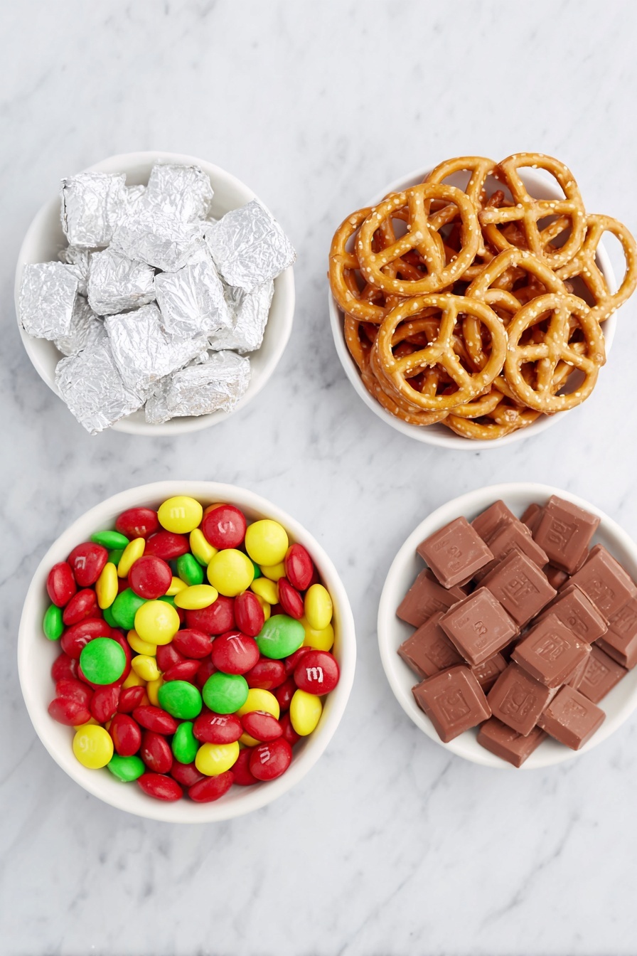 Flat lay of a neat arrangement of golden circle and square-shaped pretzels, unwrapped silver-foil Hershey’s Hugs chocolates with smooth, shiny surface, and a small white ceramic bowl filled with colorful M&M candies, all placed on a clean white marble surface, soft natural light, photo taken with an iPhone, professional food photography style, fresh ingredients, white ceramic bowls, no bottles, no duplicates, no utensils, no packaging --ar 2:3 --v 7 --p m7354615311229779997 - Easy Pretzel Hugs, pretzel hugs dessert, quick pretzel snacks, chocolate pretzel treats, salty sweet finger foods