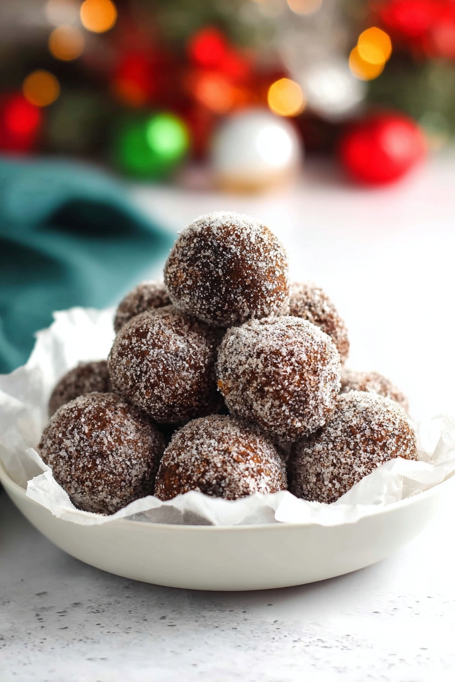 A pyramid stack of round dark brown balls coated lightly with sugar, resting on crumpled white paper inside a shallow white plate, with a fine dusting of powder on some of the balls giving a slightly rough texture, set against a blurred background including hints of red, green, and white colors that suggest a festive scene, all placed on a white marbled surface. Photo taken with an iphone --ar 2:3 --v 7 - Homemade Sugar Plums with Spices, festive holiday treats, easy holiday snacks, spiced dried fruit snacks, Christmas sugar plum candies