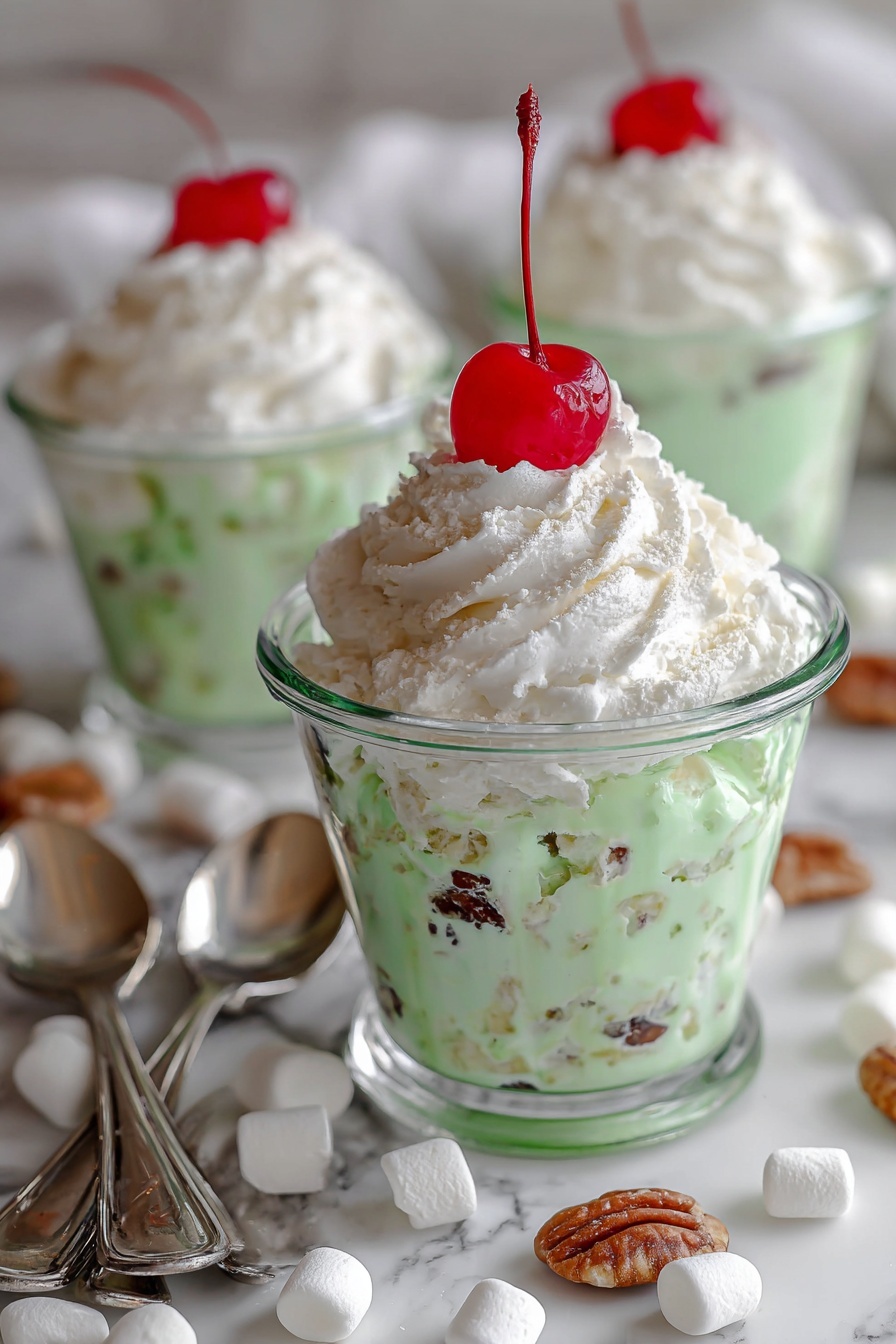 A clear glass cup holds a dessert with three layers. The bottom layer is pale green with small white and brown pieces mixed in, showing a creamy and chunky texture. On top of this is a thick swirl of white whipped cream, soft and fluffy, crowned with a bright red cherry that has a long stem, centered on the top. The cup sits on a white marbled surface scattered with small white marshmallows and brown nuts. In the background, there are two more similar cups filled in the same way, slightly blurred, and two silver spoons lie on the surface next to the front cup. Photo taken with an iphone --ar 2:3 --v 7 - Easy Watergate Salad, Watergate Salad, Retro Green Jello Salad, No-Bake Fruit Salad, Fast Dessert Recipes