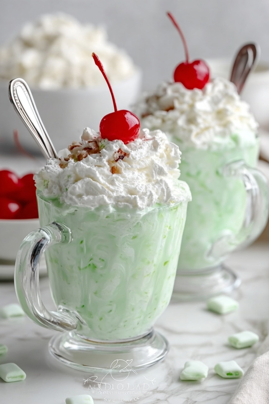 The image shows two clear glass mugs filled with a pale green dessert that looks creamy and smooth, with small green bits throughout. On top of each mug is a thick layer of white whipped cream, topped with a bright red cherry with a long stem. A silver spoon is placed inside each mug, leaning against the whipped cream. The mugs sit on a white marbled surface with some scattered small white mints around, and a blurred white bowl filled with the same pale green dessert is in the background. The overall look is fresh and inviting. photo taken with an iphone --ar 2:3 --v 7 - Easy Watergate Salad, Watergate Salad, Retro Green Jello Salad, No-Bake Fruit Salad, Fast Dessert Recipes