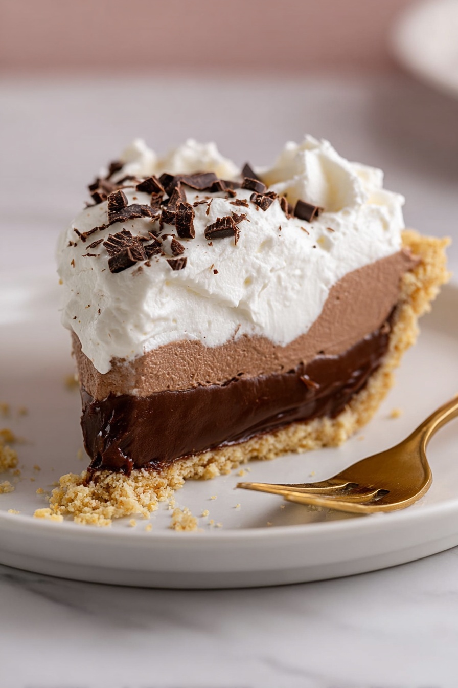 A slice of pie with three layers is shown on a white plate over a white marbled texture. The bottom layer is a light brown crumbly crust. The middle layer is thick and smooth dark chocolate filling with a creamy texture. The top layer is a fluffy white whipped cream, sprinkled with small pieces of dark chocolate on top. There are some crumbs around the slice, and a gold fork rests next to it on the plate. photo taken with an iphone --ar 2:3 --v 7 - Decadent Chocolate Cream Pie, chocolate cream pie recipe, homemade chocolate pie, rich chocolate dessert, easy chocolate pie