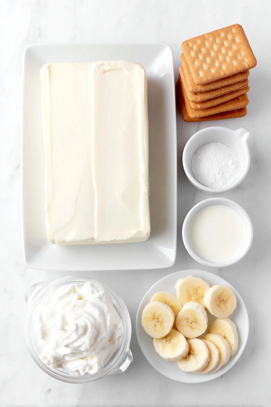 Flat lay of a block of soft cream cheese on a simple white ceramic plate, a small white bowl filled with sweetened condensed milk, a small white bowl with smooth instant vanilla pudding powder, a small white bowl containing fresh whole milk, a small white bowl holding clear vanilla extract, a white ceramic bowl with fluffy whipped topping, a small stack of golden Nilla wafers arranged neatly on a white plate, a few fresh peeled bananas sliced into thin rounds arranged fan-like on a white plate, placed on a clean white marble surface, soft natural light, photo taken with an iPhone, professional food photography style, fresh ingredients, white ceramic bowls, no bottles, no duplicates, no utensils, no packaging --ar 2:3 --v 7 --p m7354615311229779997 - Banana Pudding, Easy Banana Pudding, No-Bake Banana Dessert, Creamy Banana Dessert, Homemade Banana Pudding