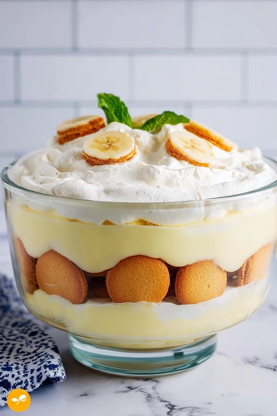 A clear glass bowl filled with three distinct layers: the bottom layer shows round golden brown vanilla wafers partially soaked, arranged closely together, the middle layer is a creamy pale yellow custard that seeps between the wafers, and the top layer is a thick, smooth white whipped cream spread evenly. On top, there are three round vanilla wafers, two banana slices with their pale yellow interior visible, and a small green mint leaf for decoration. The bowl sits on a white marbled surface with a blurred background of white tiles. Photo taken with an iphone --ar 2:3 --v 7 - Banana Pudding, Easy Banana Pudding, No-Bake Banana Dessert, Creamy Banana Dessert, Homemade Banana Pudding