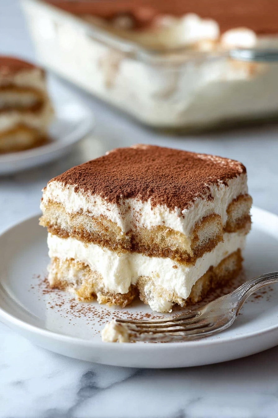 A square piece of tiramisu is served on a white plate, showing three visible layers: a light brown cocoa powder dusted top, a thick smooth white cream layer below it, followed by a slightly darker coffee-soaked cake layer, and then another cream layer at the bottom. A silver fork with a bite-sized piece of the tiramisu rests on the plate in the foreground. The background shows a glass dish with more tiramisu, slightly out of focus, all placed on a white marbled surface. Photo taken with an iphone --ar 2:3 --v 7 - Easy Coffee Tiramisu, coffee tiramisu dessert, simple tiramisu recipe, homemade tiramisu with coffee, quick coffee tiramisu