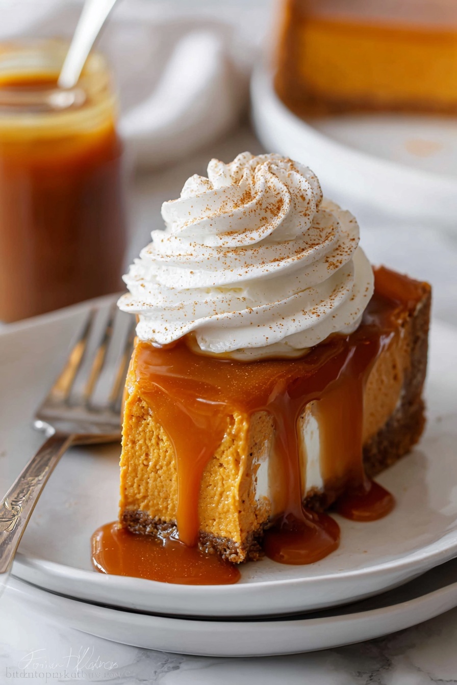 A single slice of orange pumpkin pie with a smooth, dense texture sits on a white plate over a blue cloth. On top, there is a thick layer of shiny caramel sauce dripping down the sides of the pie. A large swirl of white whipped cream dusted with light brown cinnamon powder crowns the slice. A silver fork rests on the right side of the plate. The background surface is a white marbled texture. photo taken with an iphone --ar 2:3 --v 7 - Delicious Pumpkin Cheesecake, pumpkin cheesecake, no-crack cheesecake, festive pumpkin dessert, easy pumpkin cheesecake