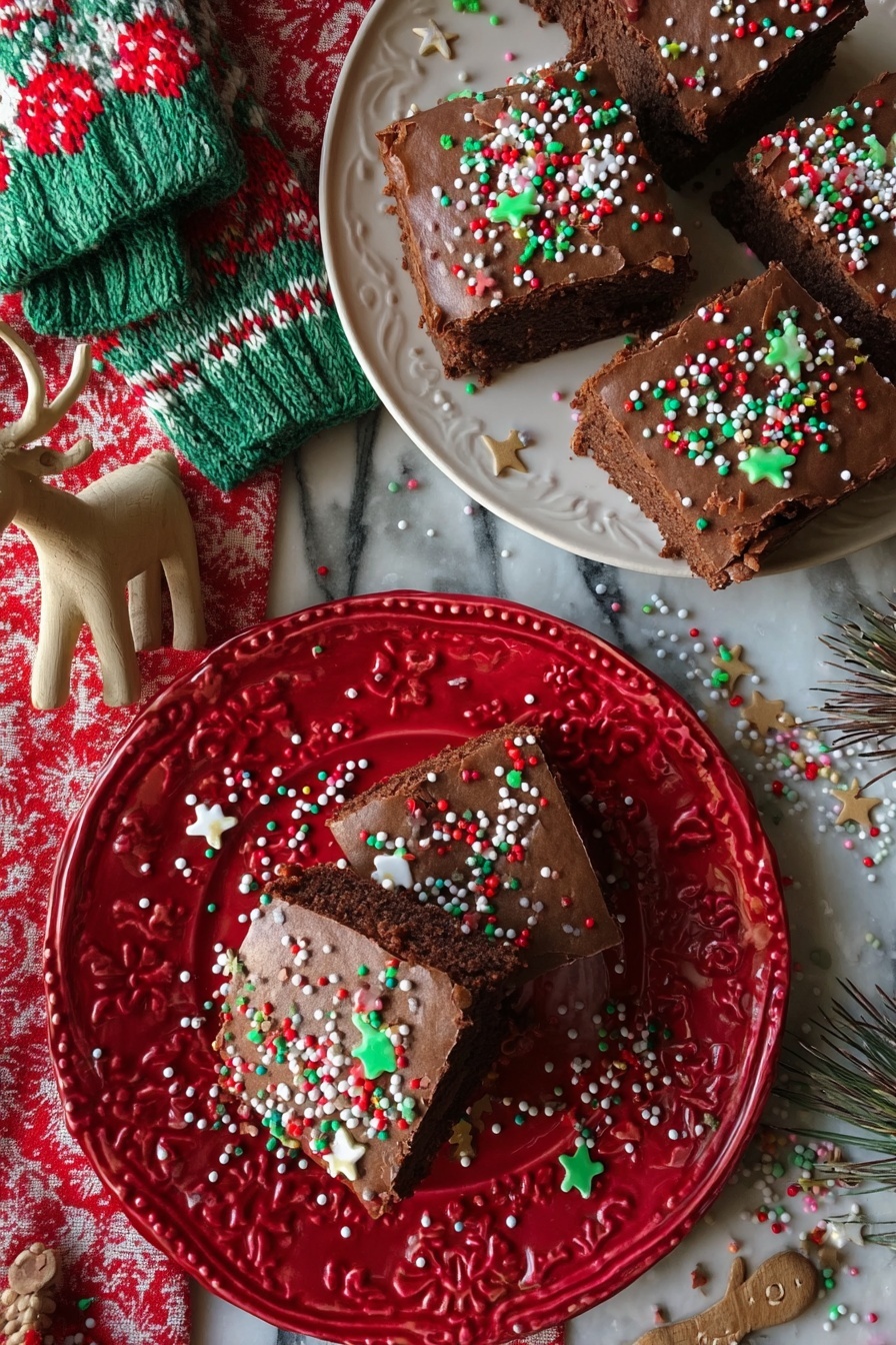 The image shows two plates of chocolate brownies with a smooth chocolate frosting topped with colorful Christmas-themed sprinkles including red, green, white round sprinkles, small gingerbread man shapes, and stars. The brownies are cut into squares, with three pieces on a shiny red plate with embossed patterns and four pieces on a white plate. Some sprinkles are scattered on the plates and the white marbled surface below. The background includes a knitted mitten in green, red, and white, a wooden reindeer ornament with small antlers, and a festive cloth with red patterns. Photo taken with an iphone --ar 2:3 --v 7 - Chocolate Frosted Christmas Brownies, festive holiday brownies, fudgy Christmas brownies, chocolate frosting brownie recipe, holiday brownie dessert