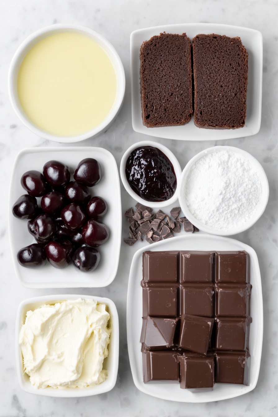 Flat lay of chopped dark chocolate chunks, a small white bowl of ready-made custard, a small white bowl of double cream, a small white bowl with icing sugar powder, slices of chocolate swiss roll, a small white bowl of clear kirsch, fresh whole cherries, a small white bowl of rich cherry jam, bite-sized brownie pieces, and a small pile of grated dark chocolate, all arranged with perfect symmetry on simple white ceramic dishes and bowls, placed on a clean white marble surface, soft natural light, photo taken with an iPhone, professional food photography style, fresh ingredients, white ceramic bowls, no bottles, no duplicates, no utensils, no packaging --ar 2:3 --v 7 --p m7354615311229779997 - Black Forest Trifle with Cherries and Chocolate, easy Black Forest dessert, cherry chocolate trifle, no-bake holiday dessert, layered black forest treat