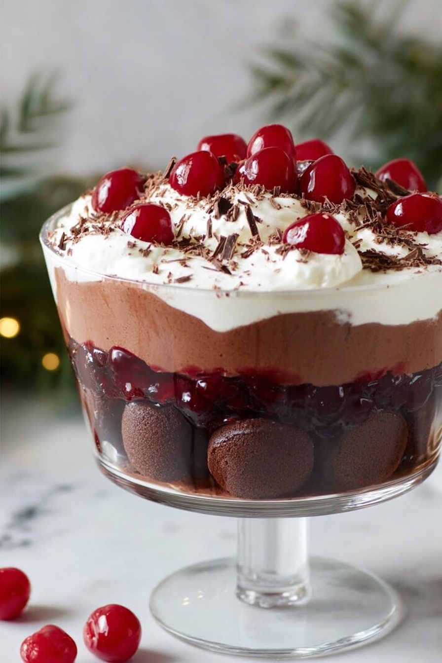 A clear glass bowl holds a layered dessert with three visible layers: the bottom layer is dark brown and creamy chocolate pudding, the middle layer is light whipped cream with a soft texture, and the top layer is a thick layer of white whipped cream with a slightly bumpy surface. Bright red cherries with green stems are placed evenly on top, and fine brown chocolate shavings are scattered across the whipped cream. A gold spoon scoops a mix of chocolate and cream from the side. The bowl sits on a white marbled surface, with a smaller white bowl nearby containing a similar chocolate and cream mixture. photo taken with an iphone --ar 2:3 --v 7 - Black Forest Trifle with Cherries and Chocolate, easy Black Forest dessert, cherry chocolate trifle, no-bake holiday dessert, layered black forest treat