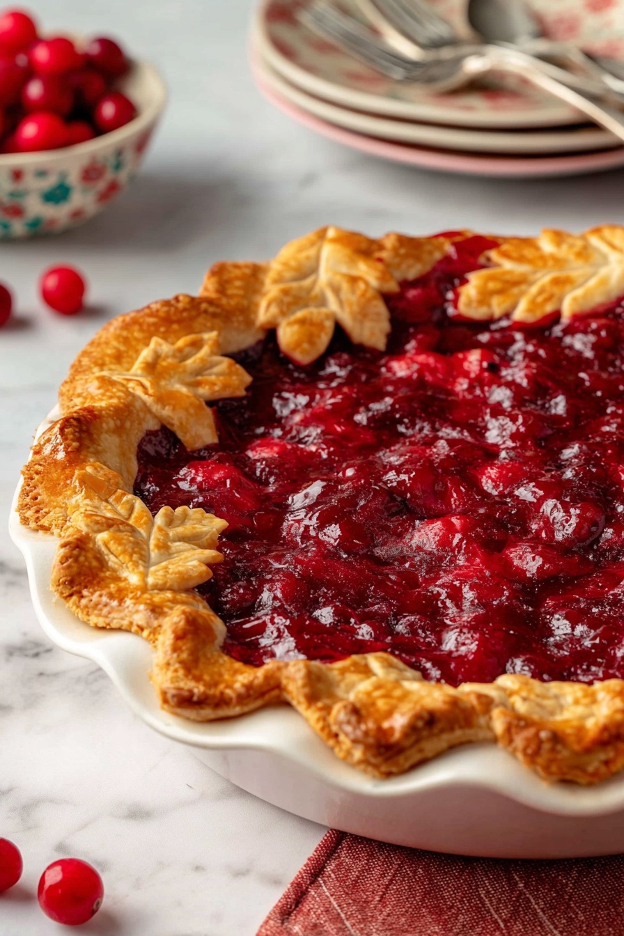 The image shows a cranberry pie with a golden brown crust decorated with leaf shapes along the edge, filled with shiny deep red cranberry filling that looks thick and textured with visible whole cranberries inside. The pie is in a white ceramic pie dish with a scalloped edge, sitting on a white marbled surface with a red and white checkered cloth nearby. In the background, there is a second whole pie with a crumbly golden brown top crust in another white pie dish, red apples, a white dish filled with fresh cranberries, and a small bowl of white sauce or cream. The lighting is soft and natural, highlighting the warm colors and textures of the pies and ingredients. photo taken with an iphone --ar 2:3 --v 7 - Best Cranberry Pie, Cranberry Pie Easy, Holiday Cranberry Pie, Tart Cranberry Pie, Cranberry Pie with Orange Zest