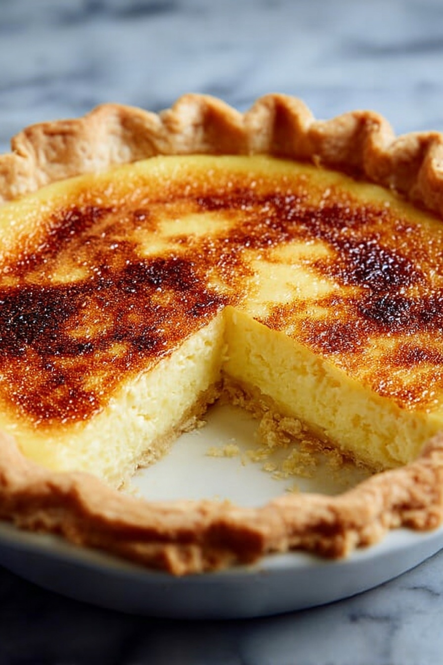 The image shows a pie with a flaky, pale golden crust that forms a scalloped edge around the pie. Inside, there is a smooth, pale yellow filling that looks soft and creamy. The top layer is lightly browned with a caramelized texture, showing one slice has been taken out, revealing the thick filling inside. The pie sits on a white marbled surface in a white pie pan. photo taken with an iphone --ar 2:3 --v 7 - Buttermilk Pie, classic buttermilk pie, easy pie recipes, custard pie with lemon zest, homemade pie desserts