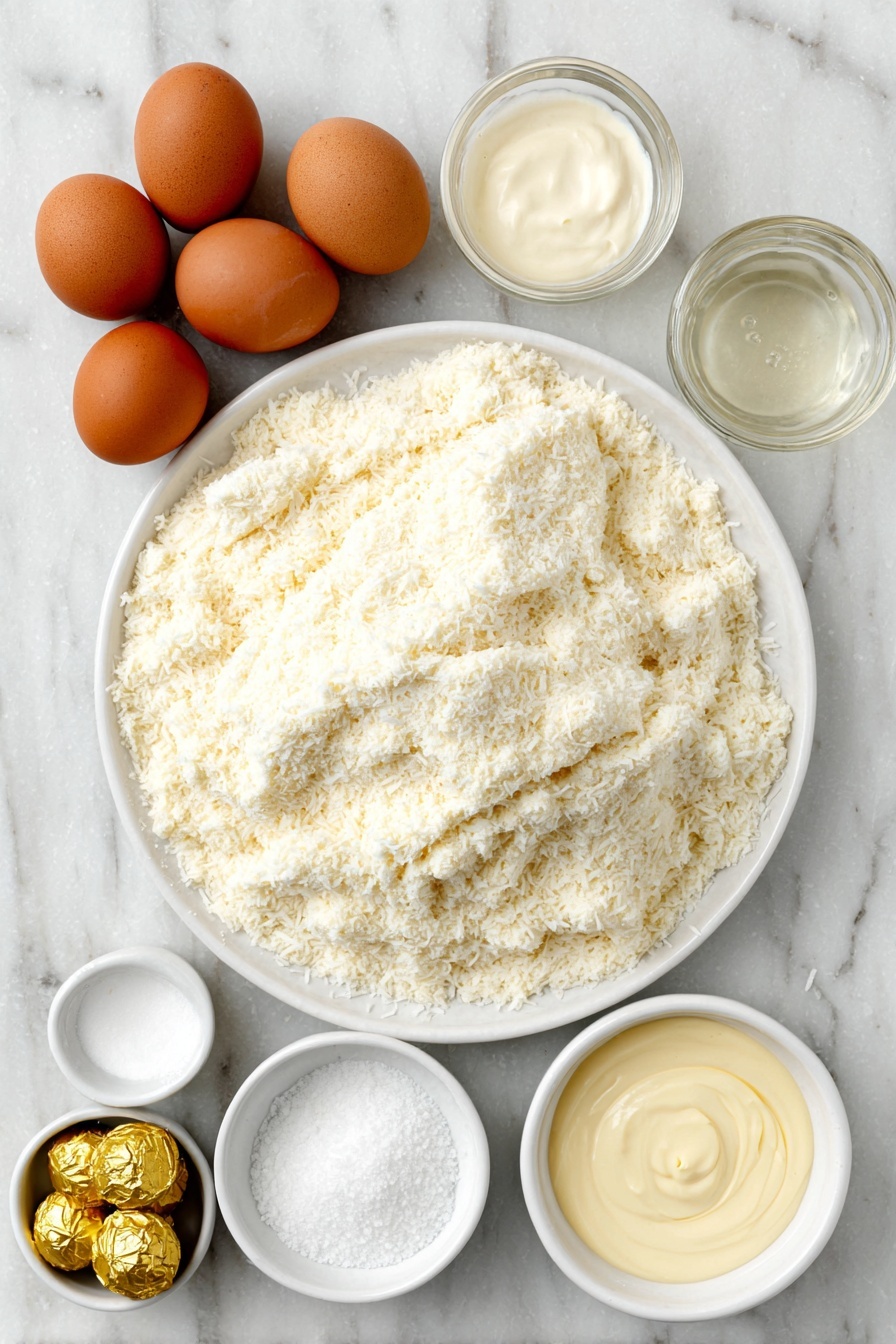 Flat lay of sweetened shredded coconut piled loosely in a mound on a simple white ceramic plate, a small white ceramic bowl filled with thick, glossy sweetened condensed milk, a few whole uncracked brown eggs arranged symmetrically beside a small white ceramic bowl holding clear vanilla extract liquid, another small white ceramic bowl with pale almond extract, a small white ceramic bowl containing fine white salt crystals, and a neat cluster of shiny, unwrapped Hershey’s Kisses chocolates with their foil slightly crinkled, all placed on a clean white marble surface, soft natural light, photo taken with an iPhone, professional food photography style, fresh ingredients, white ceramic bowls, no bottles, no duplicates, no utensils, no packaging --ar 2:3 --v 7 --p m7354615311229779997 - Coconut Macaroon Blossoms with Chocolate Kisses, coconut macaroon cookies, chocolate kiss cookies, gluten free coconut cookies, easy holiday cookie recipes