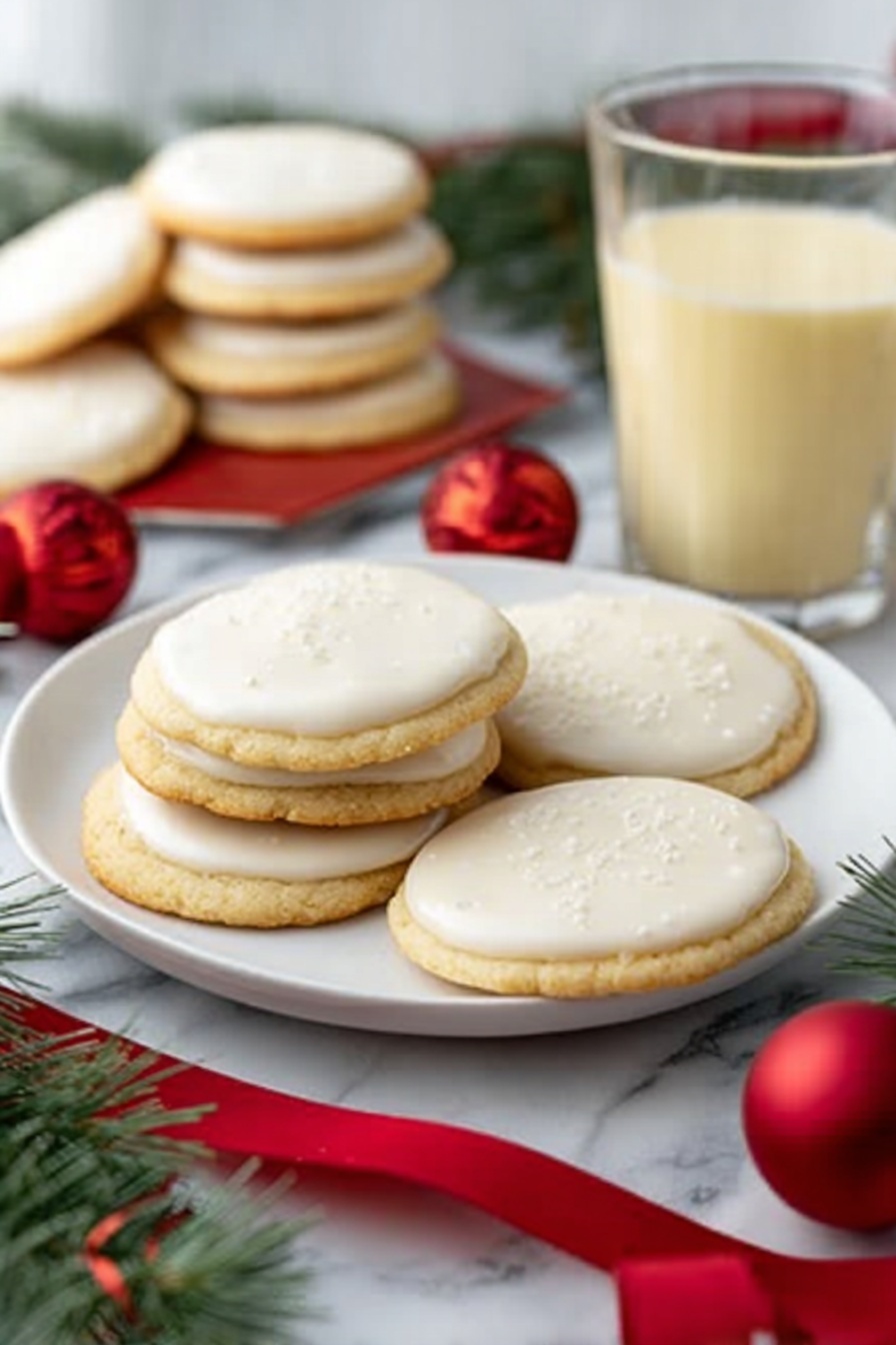 The image shows a white plate filled with two layers of soft, round sugar cookies topped with smooth, glossy white icing. The cookies are light golden brown and have a slightly fluffy texture. Some cookies sit flat on the plate while others rest leaning against each other, giving a sense of depth. The plate is on a white marbled surface with festive red ornaments and green pine branches nearby. In the background, more cookies are stacked and a glass mug filled with a pale yellow creamy drink is visible. A woman's hand holding a red ribbon is just out of focus. photo taken with an iphone --ar 2:3 --v 7 - Eggnog Cookies with Cinnamon and Nutmeg, festive holiday cookies, Christmas eggnog cookie recipe, soft tender holiday cookies, easy eggnog cookie recipe