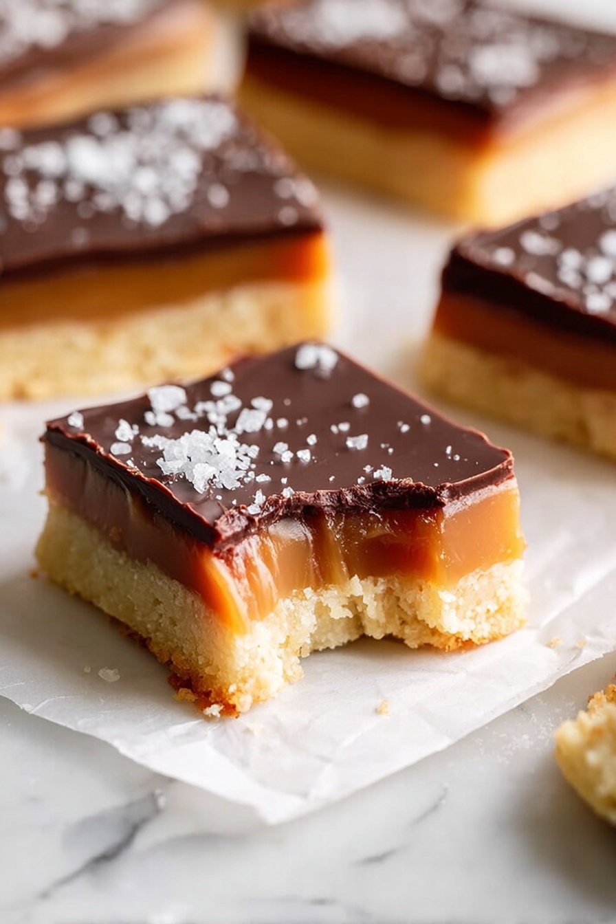 A square dessert bar with three distinct layers sits on a white marbled surface, with a bite taken from one corner showing the inside. The bottom layer is a pale, crumbly shortbread base with a slightly coarse texture. Above this is a thicker, soft caramel layer in a rich golden brown shade, smooth and glossy but soft enough to show some indentation near the bite. The top layer is a dark chocolate ganache, shiny and firm, sprinkled with coarse white sea salt flakes. Nearby are more similar bars, focusing on the bitten bar in the foreground, with soft natural lighting highlighting the textures and colors. Photo taken with an iphone --ar 2:3 --v 7 - Easy Millionaire's Shortbread Bars, millionaire's shortbread bars, caramel shortbread bars, chocolate caramel shortbread, no-bake shortbread bars
