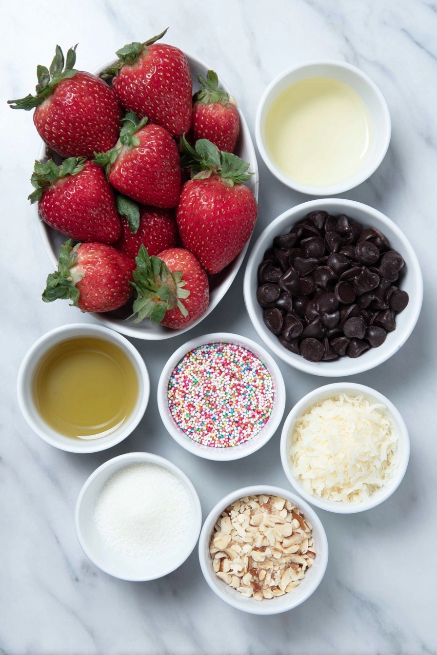 Flat lay of a handful of fresh bright red strawberries with green leafy stems, a small white ceramic bowl filled with glossy dark chocolate chips, a small white ceramic bowl containing light golden vegetable oil, a small white ceramic bowl of snowy white desiccated coconut, a small white ceramic bowl with chopped golden-brown crushed nuts, a small white ceramic bowl holding colorful round sprinkles, all arranged symmetrically on a clean white marble surface, soft natural light, photo taken with an iPhone, professional food photography style, fresh ingredients, white ceramic bowls, no bottles, no duplicates, no utensils, no packaging --ar 2:3 --v 7 --p m7354615311229779997 - Chocolate Dipped Strawberries, easy chocolate strawberries, how to make chocolate dipped strawberries, homemade chocolate strawberries, simple fruit desserts