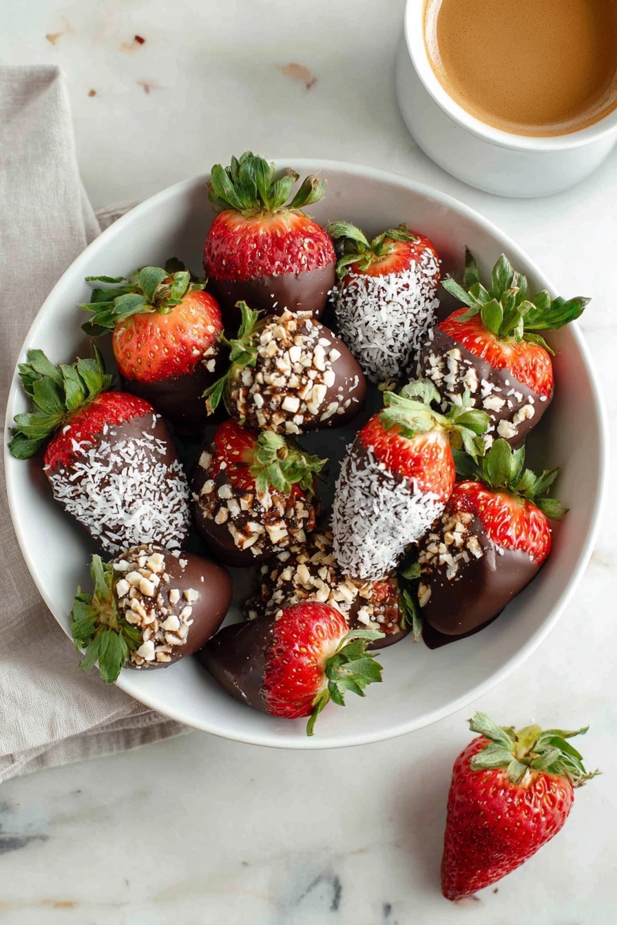 The image shows a white bowl filled with strawberries covered in various toppings. Most strawberries are dipped in dark chocolate, some coated with white coconut flakes, and one covered in crushed nuts, all with green leafy tops. Around the bowl, there are smaller white bowls and plates holding more of these coated strawberries. A white teacup with brown coffee sits in front, placed on a matching saucer. To the left, there are stacked white teacups and a milk bottle with a red-checkered lid. The whole scene is set on a worn wooden table with a white marbled texture surface. In the background on the right, there is a clear vase with white flowers with green leaves. photo taken with an iphone --ar 2:3 --v 7 - Chocolate Dipped Strawberries, easy chocolate strawberries, how to make chocolate dipped strawberries, homemade chocolate strawberries, simple fruit desserts